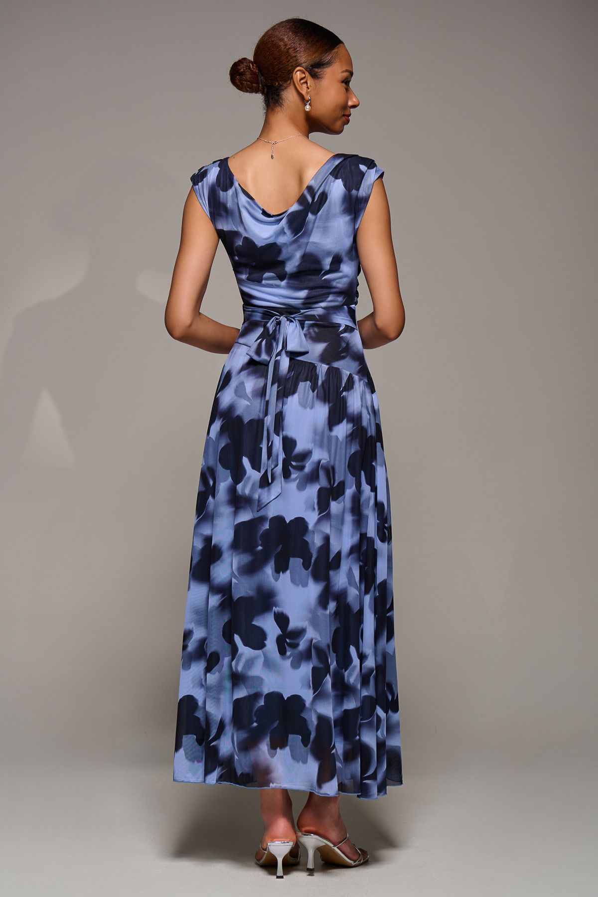 Jolie Moi Asymmetric Draped Mesh Maxi Dress