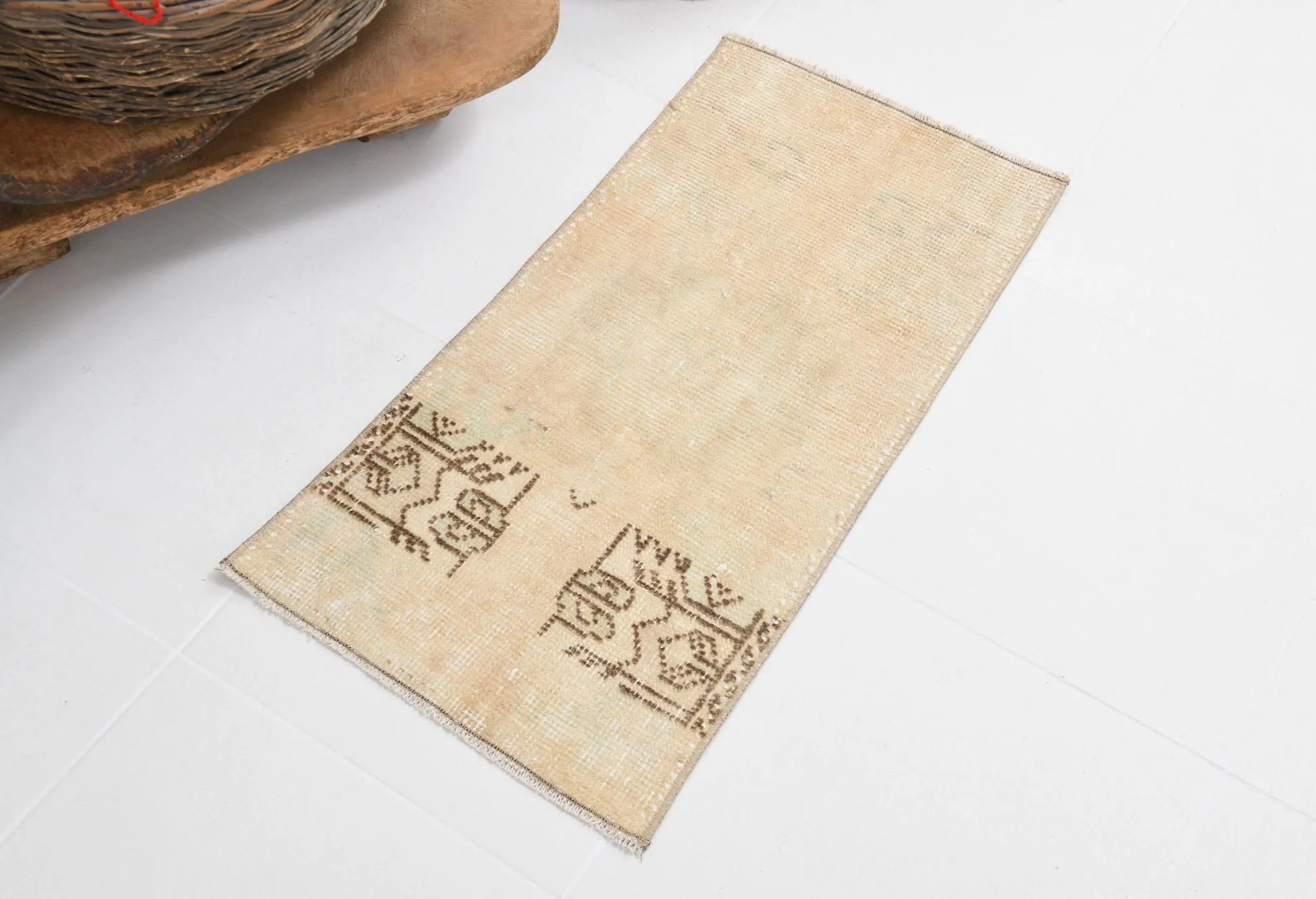Vintage Bohemian Wool Rug, Turkmen Tribal Turkish Handmade Doormat (86x43cm) | Natural Dyes - Doormat, Bathroom