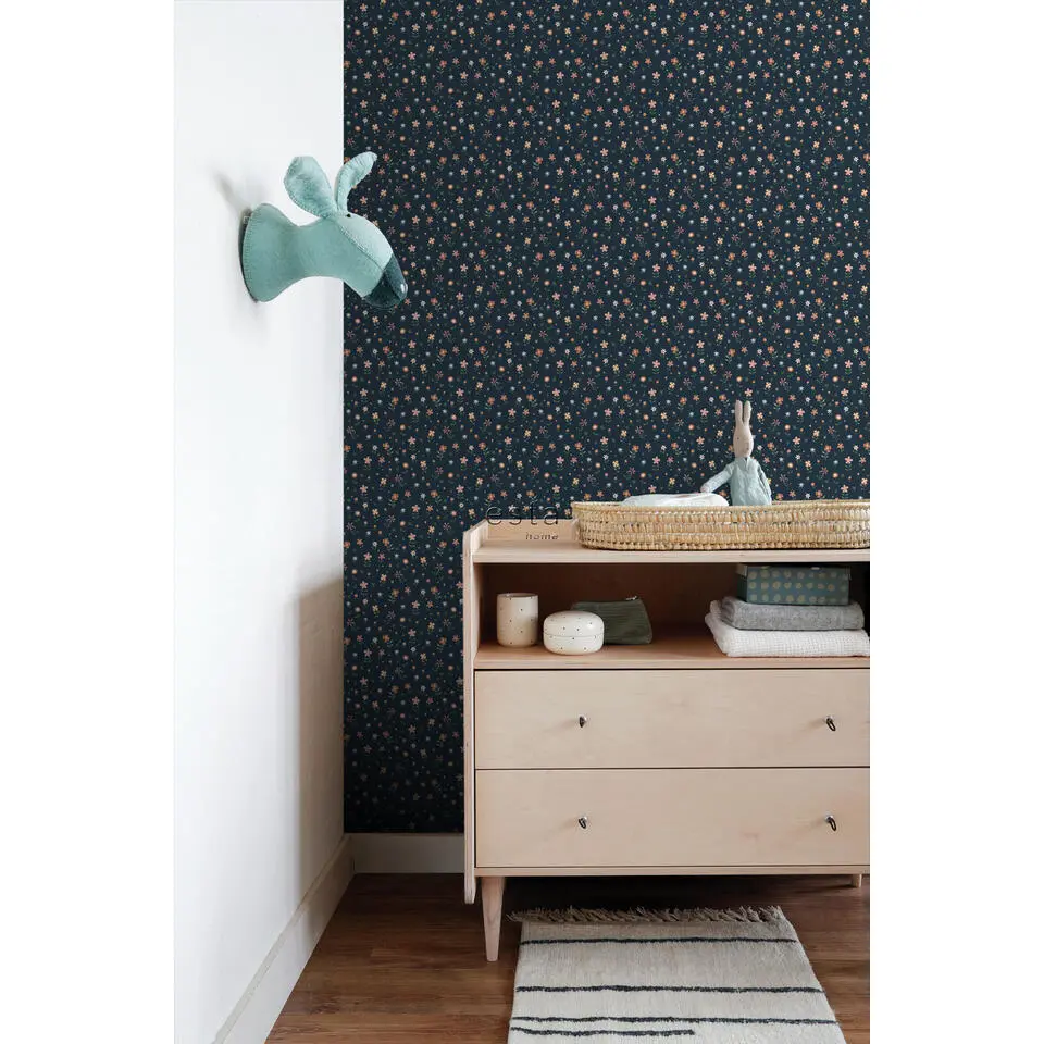 ESTAhome behang bloemetjes donkerblauw, terracotta, groen en wit