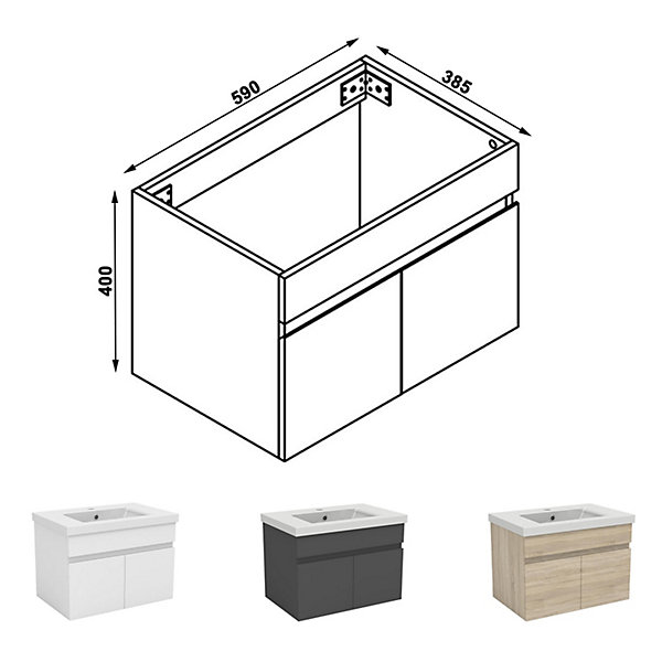Meuble de salle de bain 60cm à double porte, suspendu, Chêne