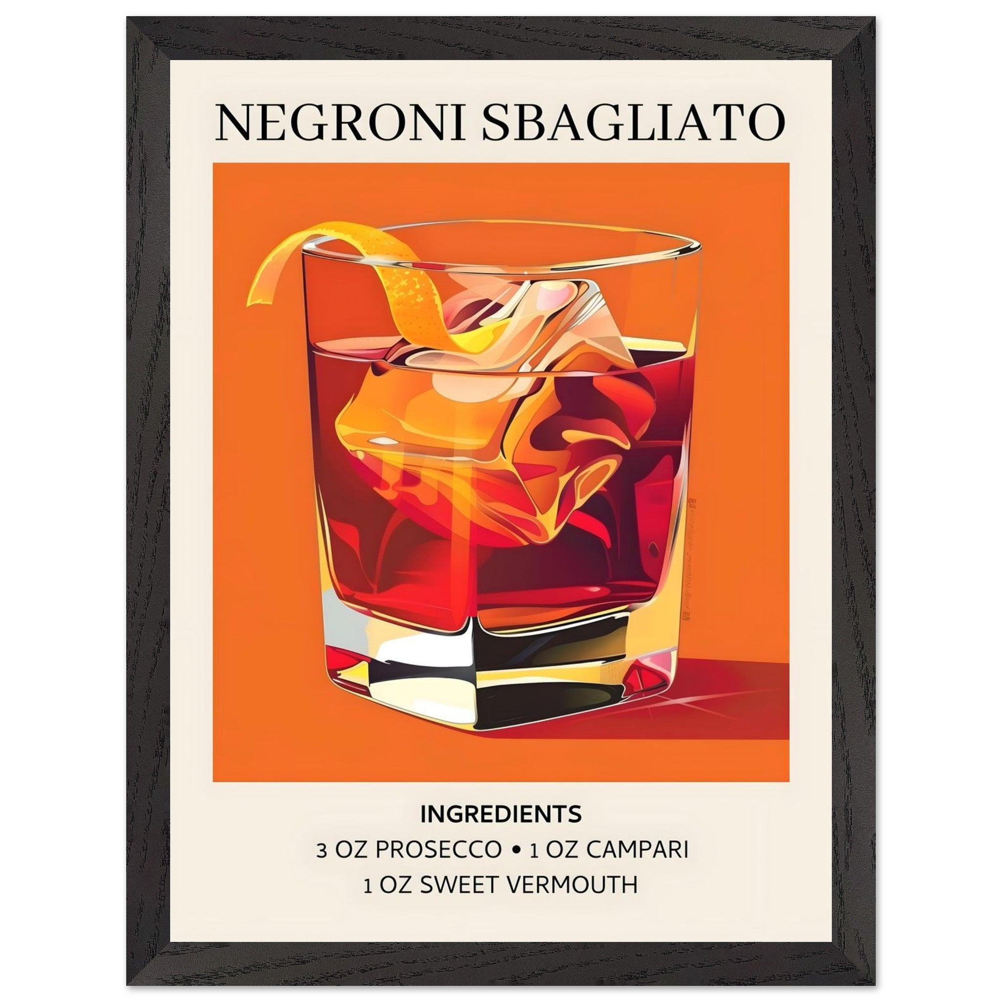 Artfulprints Poster met Lijst Negroni Sbagliato cocktail - Ingrediënten  - 30x40 cm - Oranje