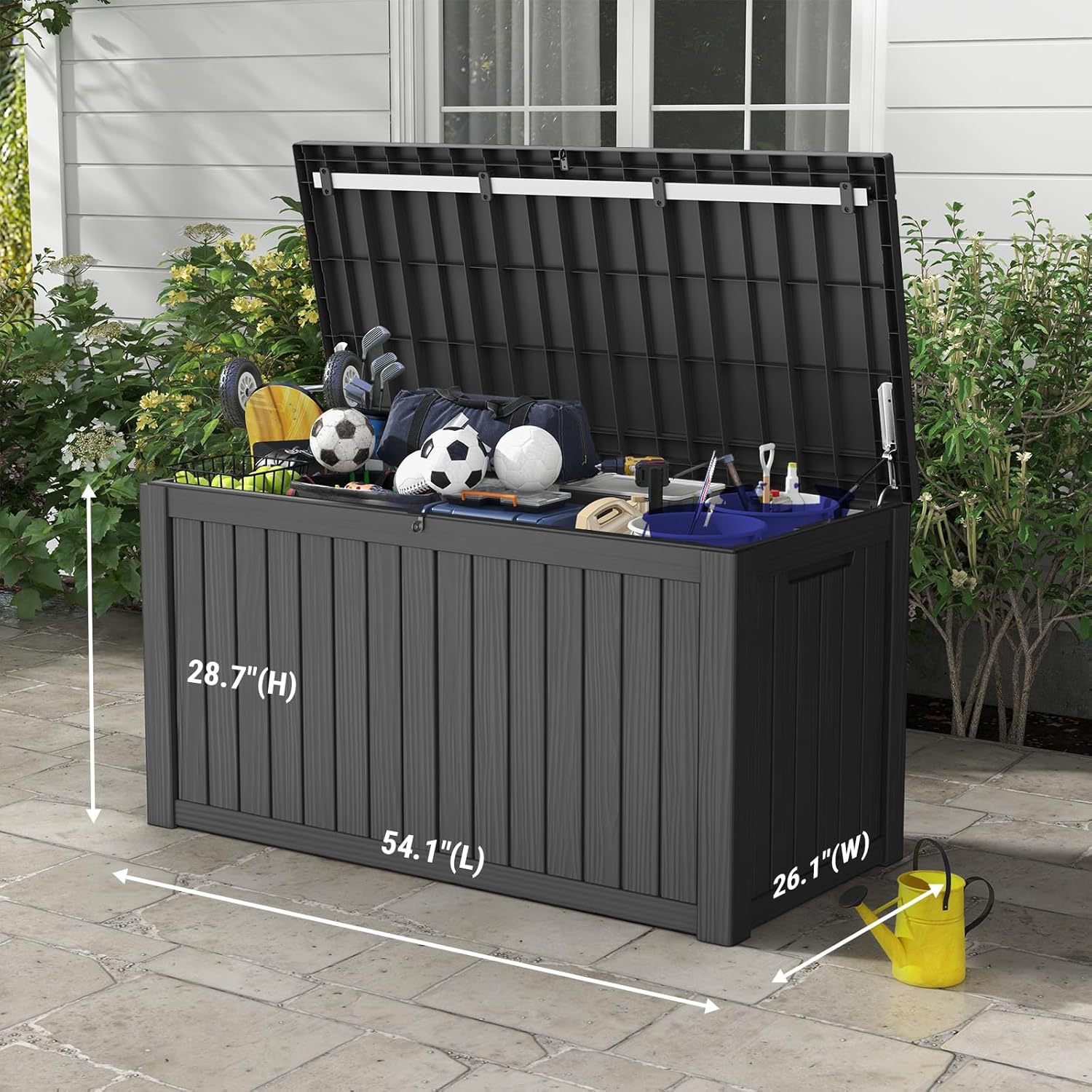 Mars Villa 150 Gallon Outdoor Storage Box, Large Resin Deck Box, Waterproof Storage Bin with Lockable Lid, Ideal for, Outdoor, Patio Furniture Cushions, Pool Supplies, Garden Tools, Black