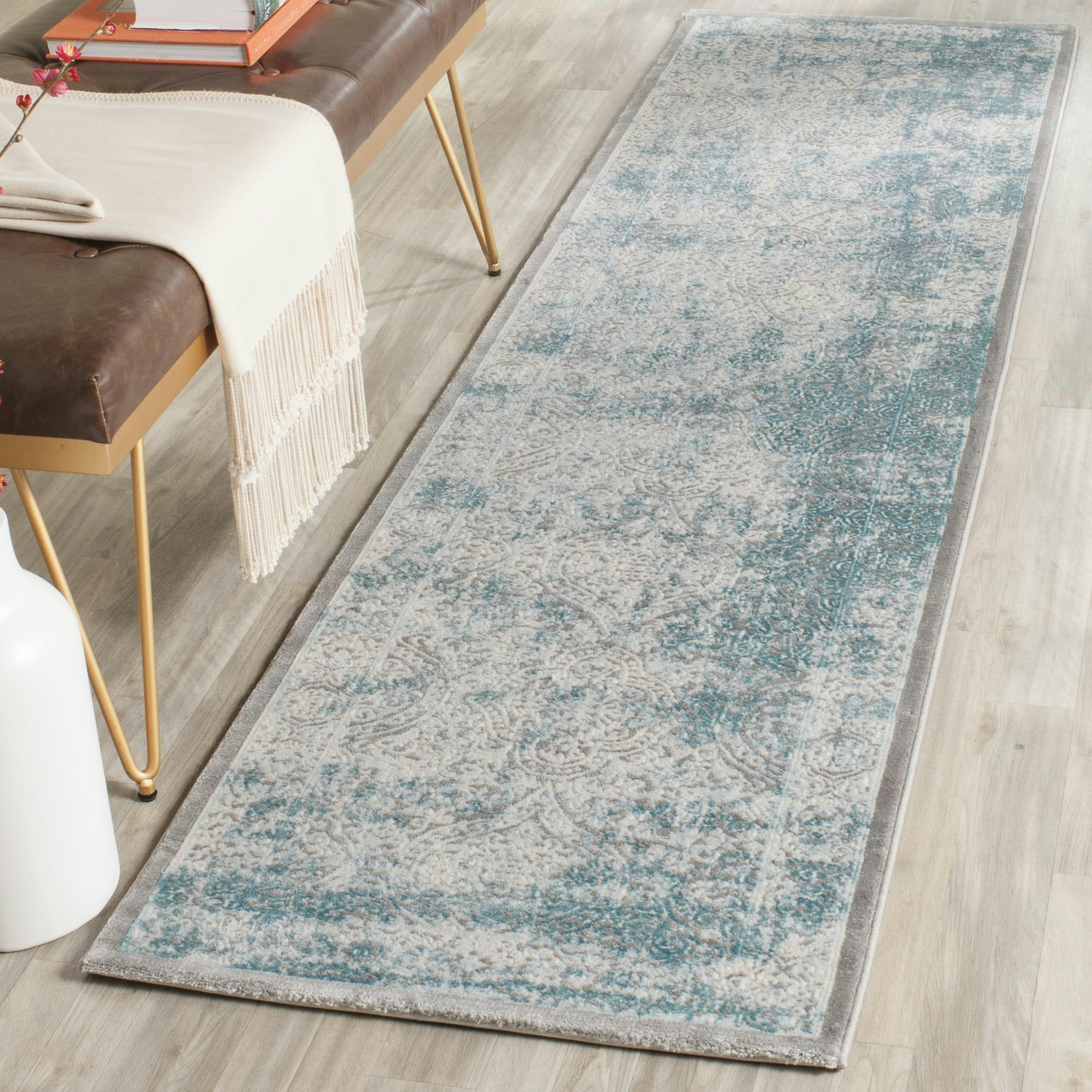 PASSION - Tapis de salon interieur en turquoise & ivory, 66 x 244 cm