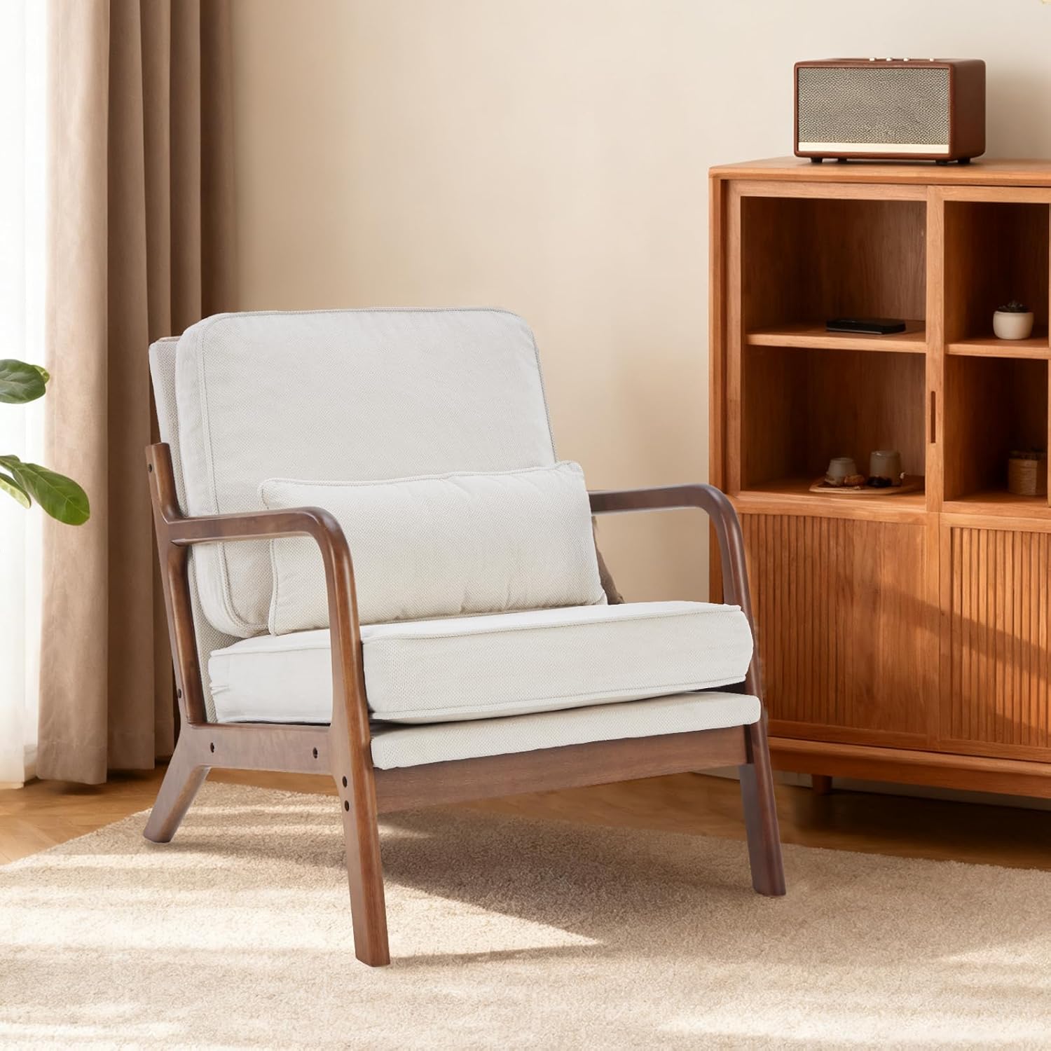 DUMOS Mid Century Modern Chair, Accent Chair with Arms and Waist Cushion, Reading Chairs for Adults, Lounge Chair for Living Room and Bedroom, Solid Wooden Frame, Ivory White