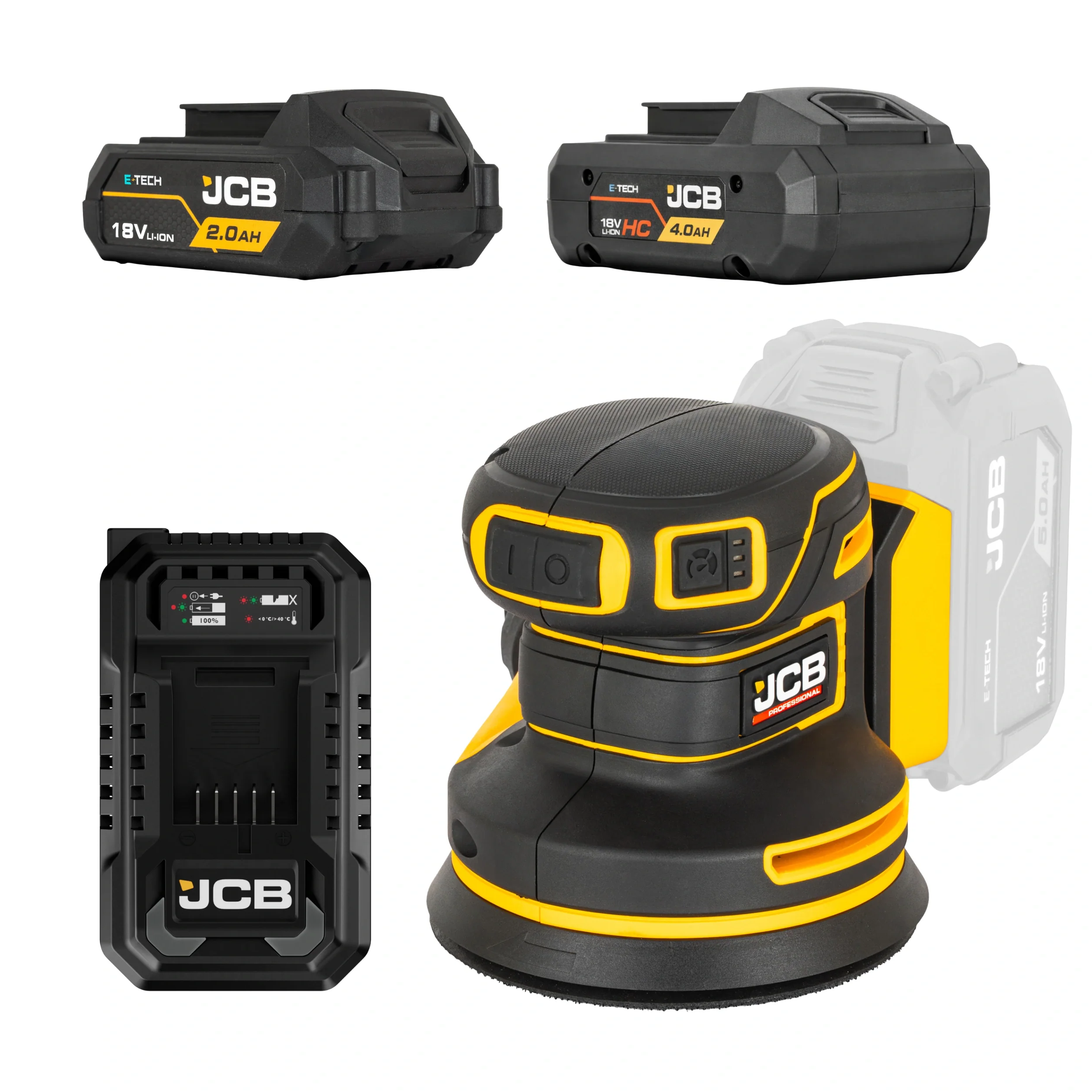 JCB Professional Zestaw Szlifierka Mimośrodowa Akumulatorowa 18V 125mm 2Ah 4Ah Ładowarka