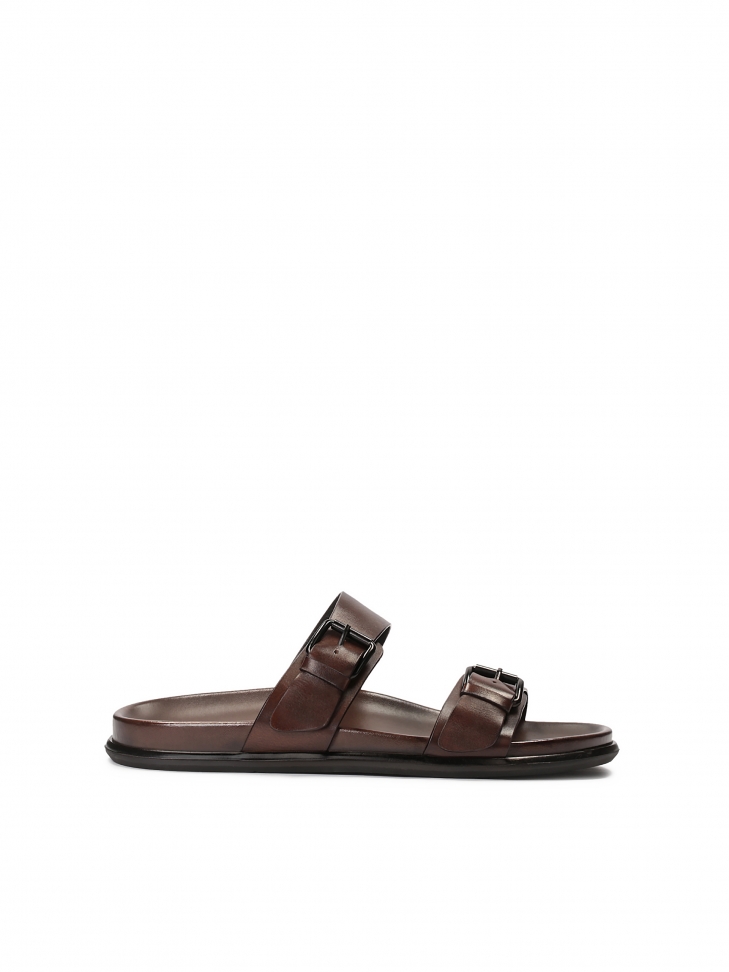 Leather brown slides with two adjustable straps