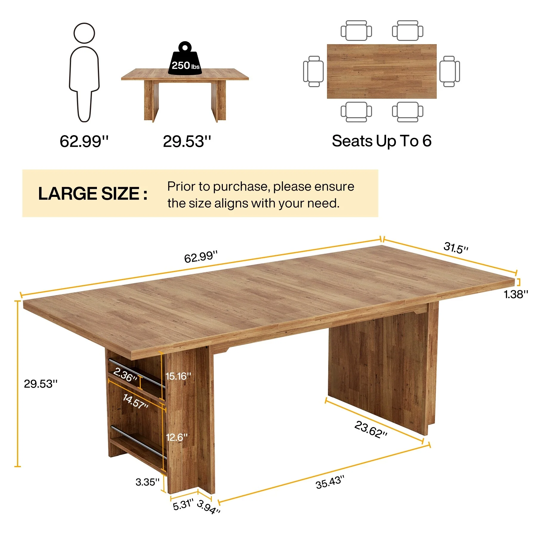 6-8 Rectangular Dining Table with Storage, 63-Inch Kitchen Table, Vintage Finish