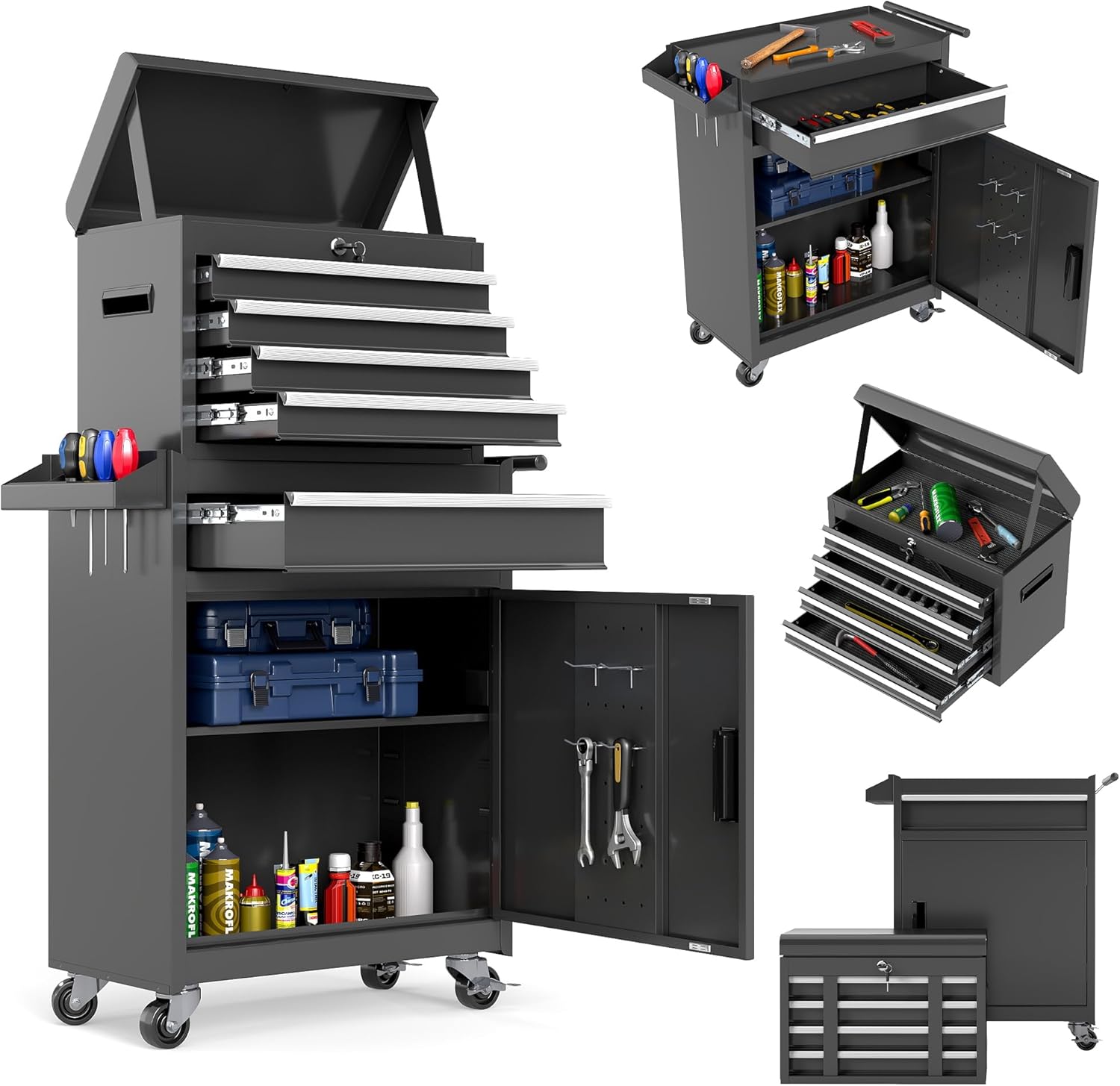 Tool Chest, 5 Drawer Rolling Tool Storage Cabinet with Detachable Top Tool Box, Metal Tool Cart with Lockable Wheels & Sliding Drawers for Garage, Workshop