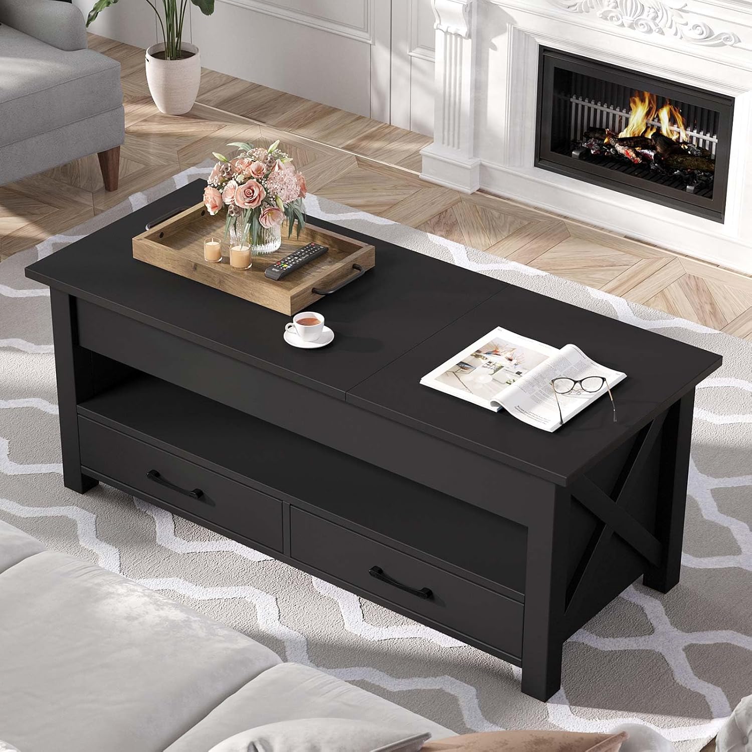 Seventable Coffee Table, 47.2 Lift Top Coffee Table with 2 Storage Drawers and Hidden Compartment, X Wood Farmhouse Support, Retro Center Table with Lift Tabletop for Living Room,Black