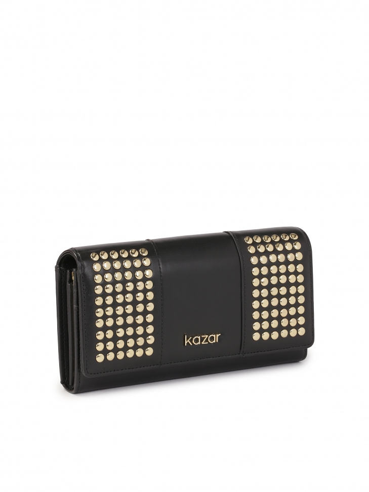 Black leather wallet with gold rhinestones