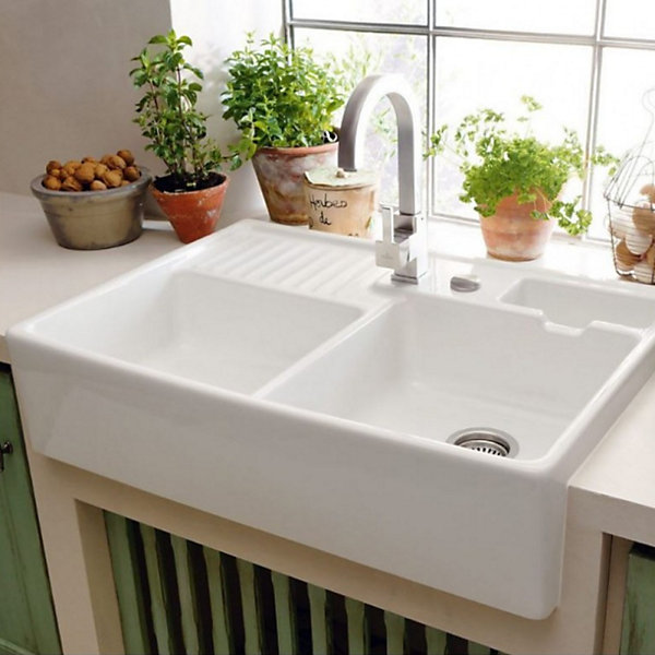 Evier timbre d'office VILLEROY ET BOCH Tradition 2 bacs 89,5 x 63 céramique vidage auto blanc   Panier vaiselle