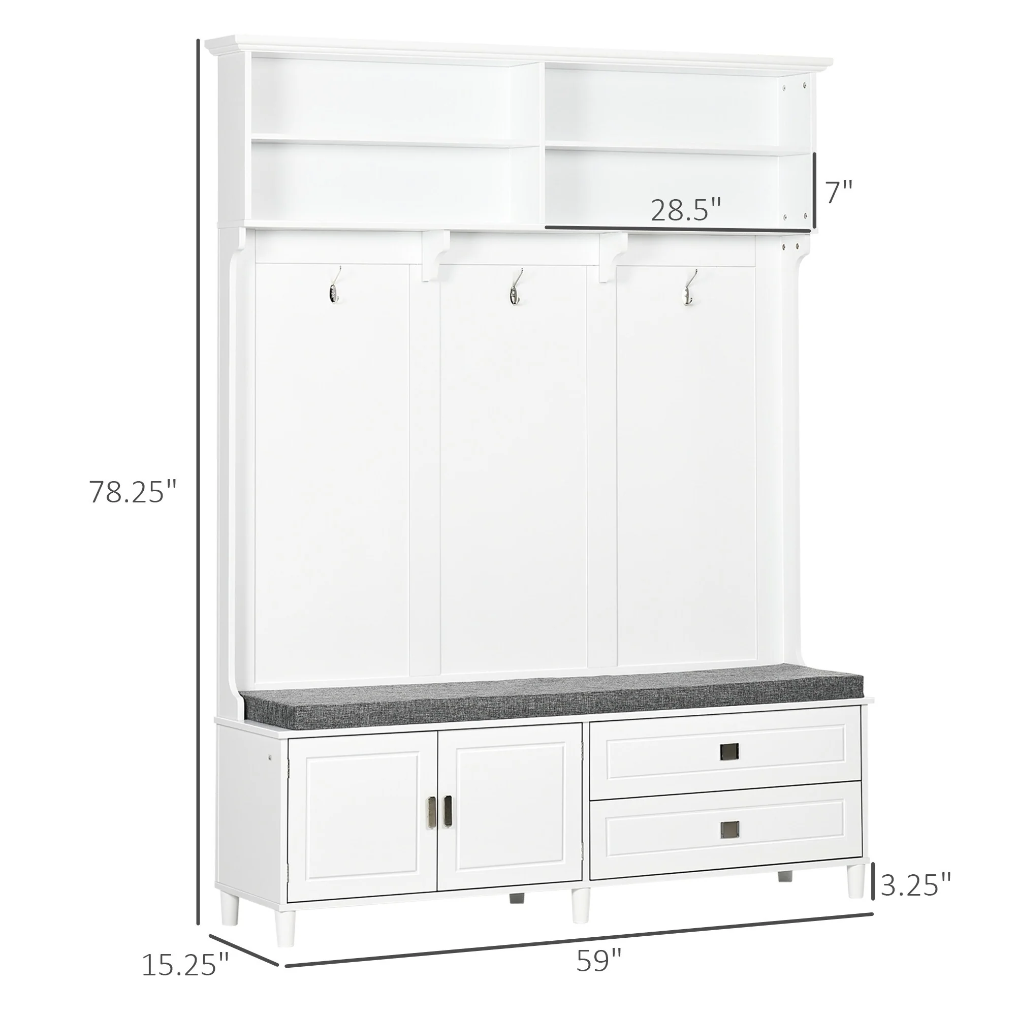 Modern Style Hall Tree with Storage, Free-Standing Clothing Rack with Storage Bench and Storage Cabinet and Drawers