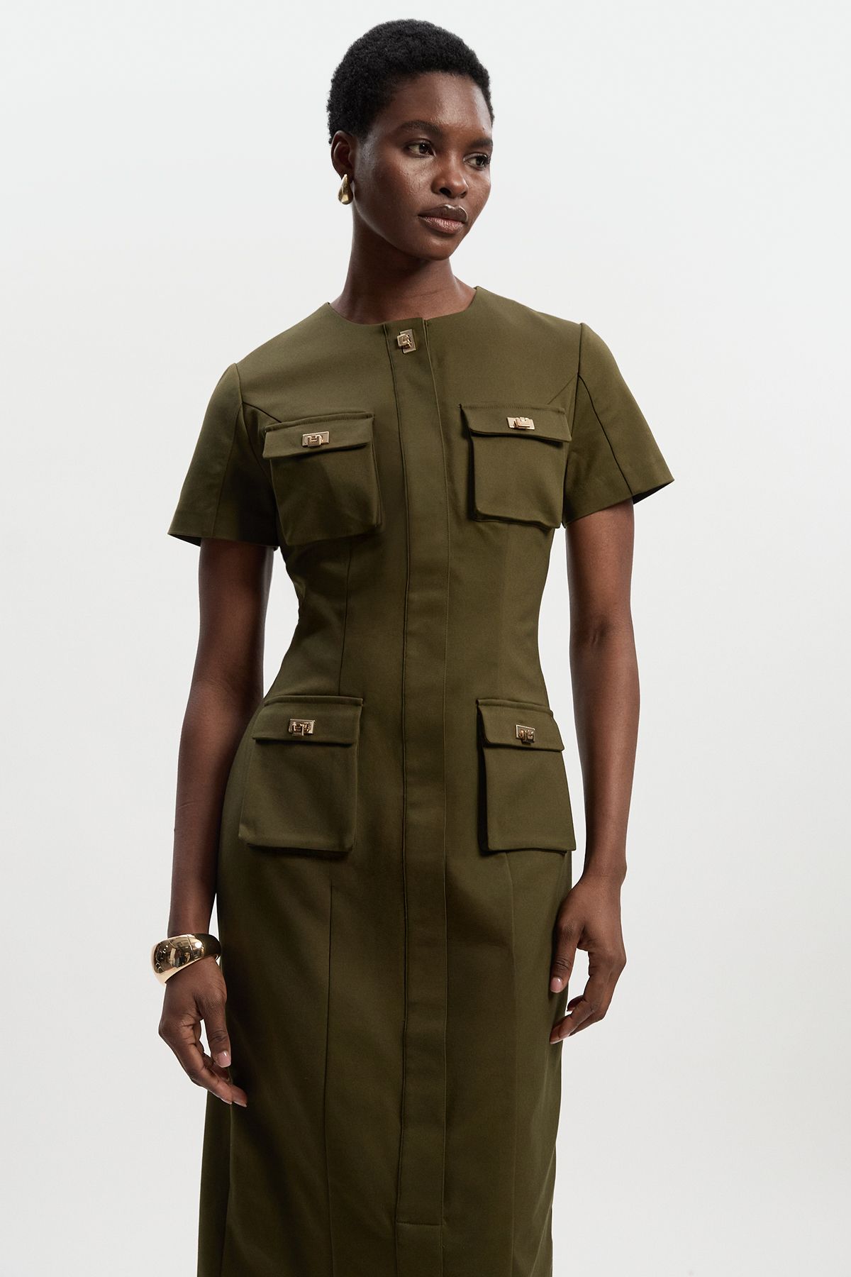 KarenMillen Techno Short Sleeve Hardware Detail Woven Midi Dress
