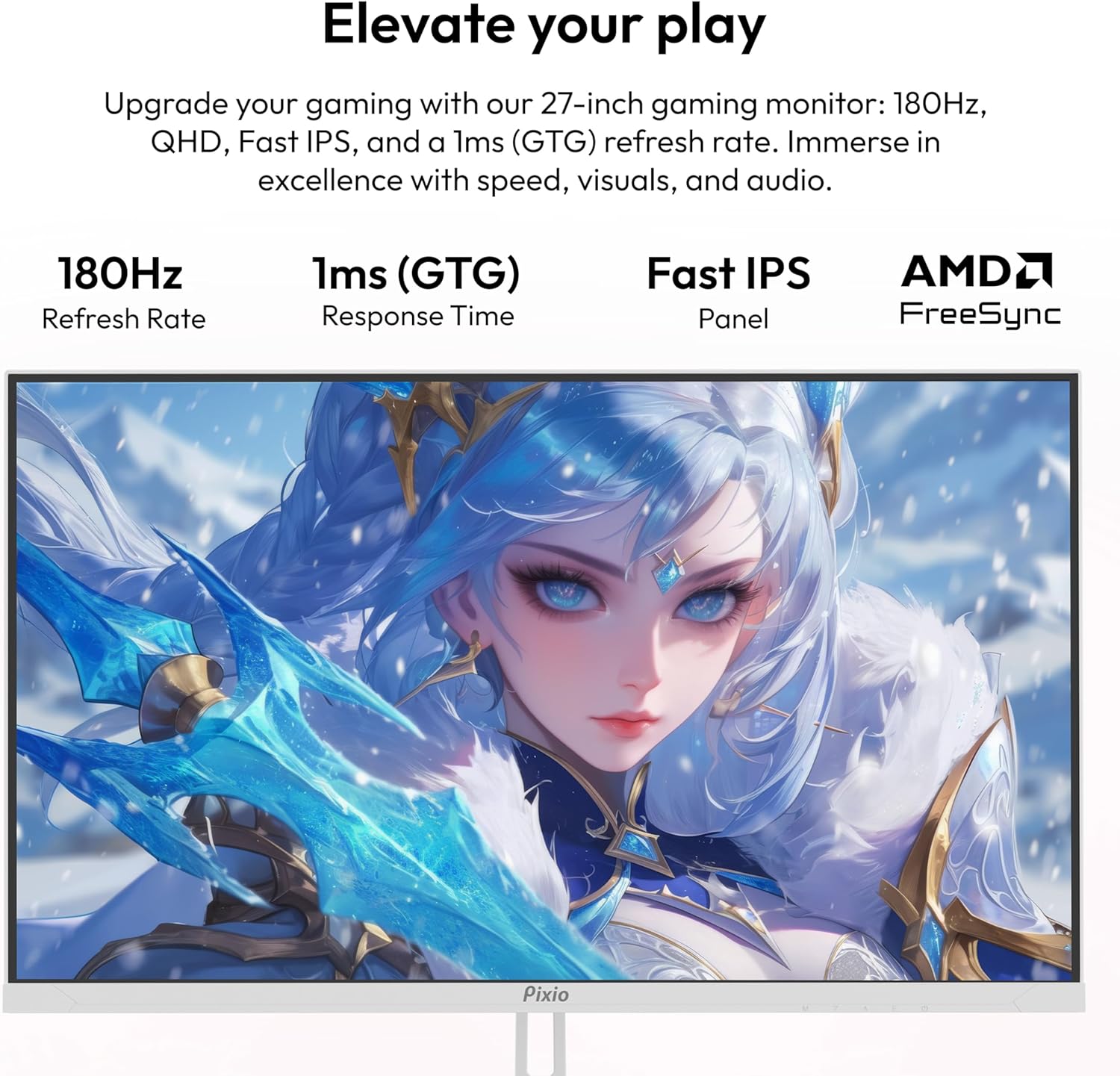 Pixio PX278 Wave White 27 inch 180Hz Refresh Rate Quad HD 1440p Resolution AMD FreeSync Fast IPS Panel 1ms GTG Response Time Built-in Speakers Gaming Monitor