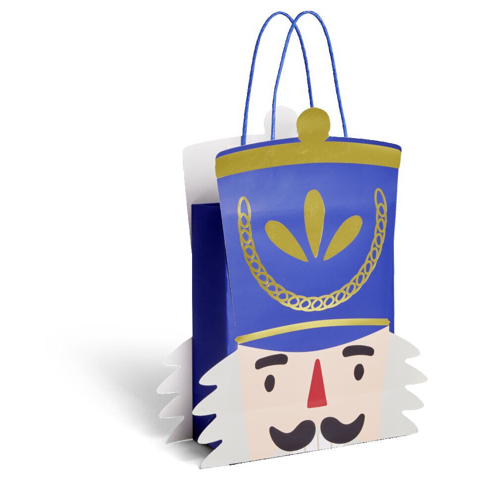 Sac cadeau No&euml;l tête soldat Casse-Noisette bleu et doré 24,5xH31,5cm