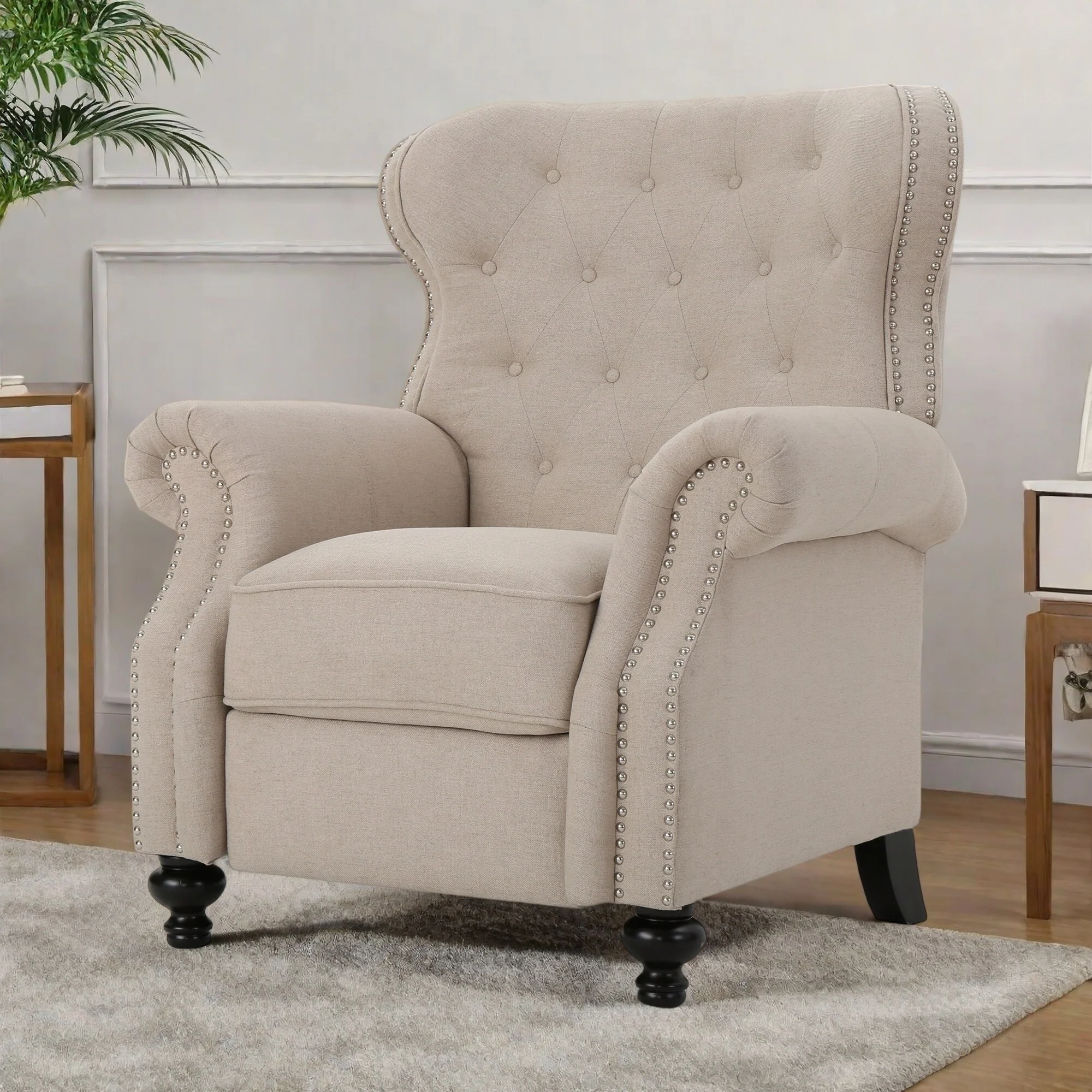 Tufted Recliner Chair - Diamond Stitch Backrest, Nailhead Trim and Rolled Arms 