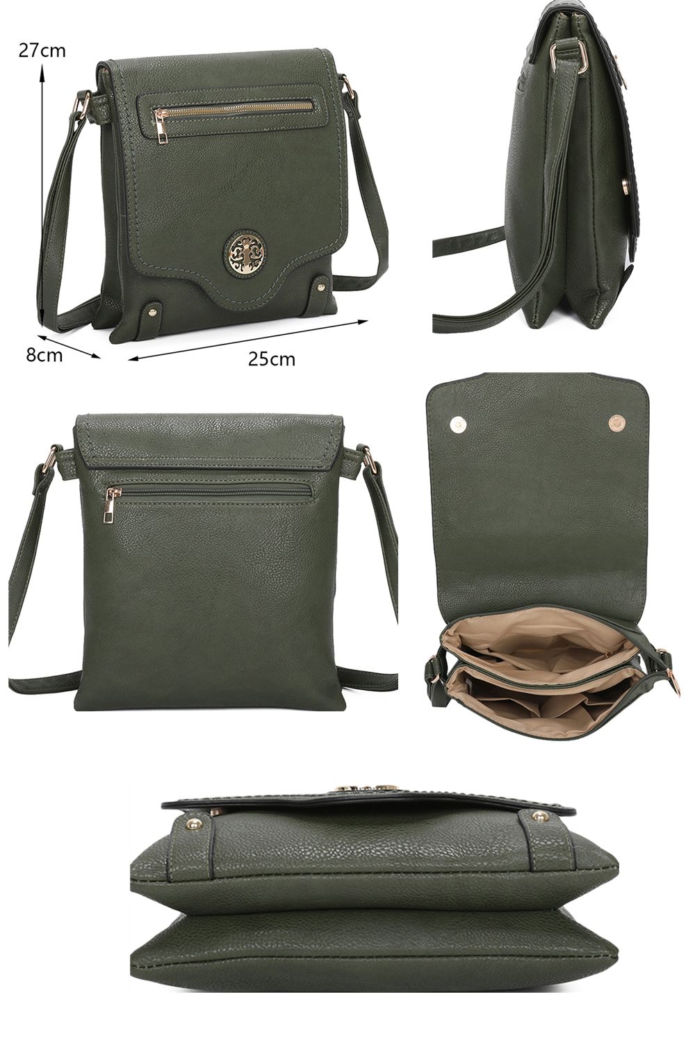 Fontanella Fashion Sara Triple Zip Dual Compartments PU Crossbody Messenger Bag