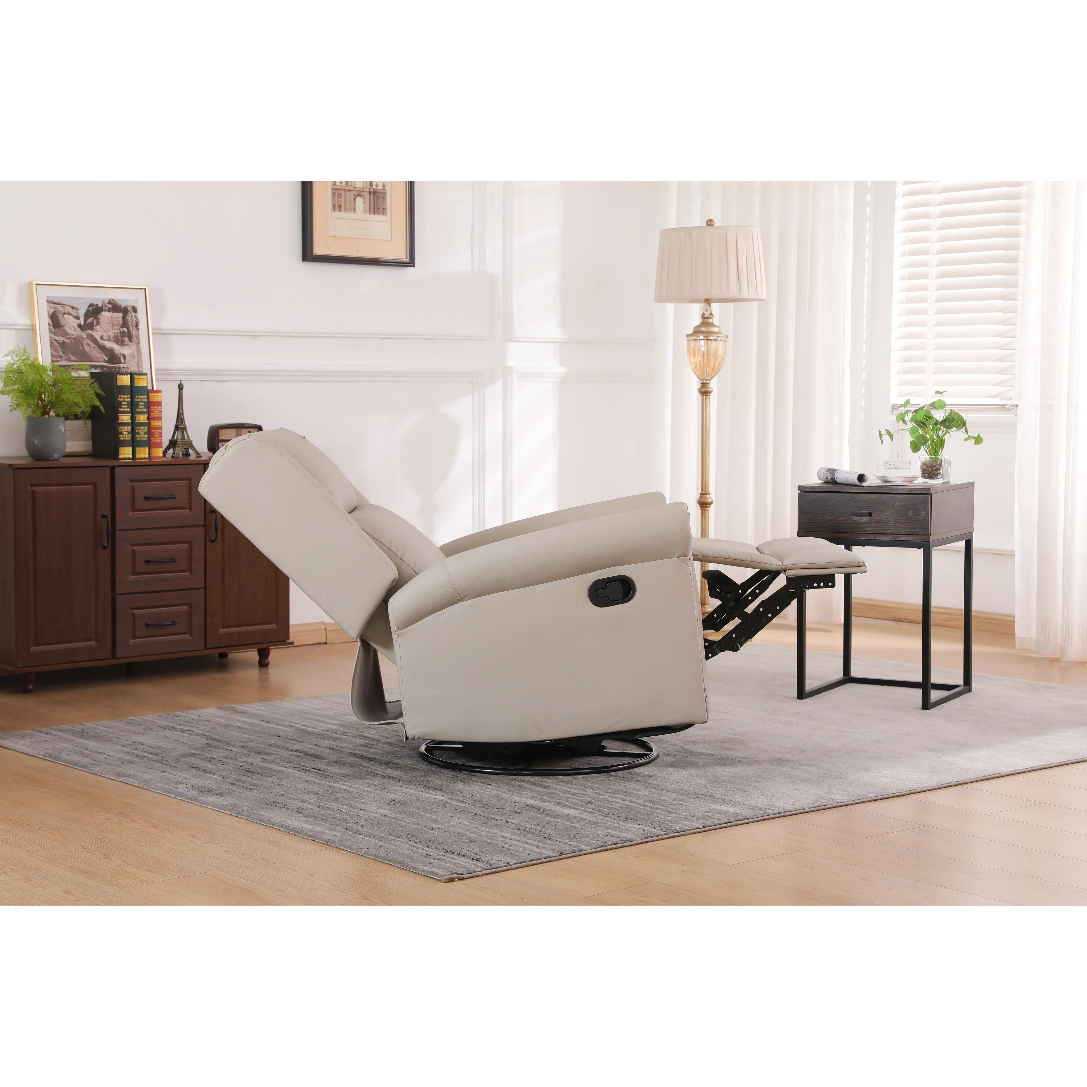 Beige PU Leather Upholstered 360° Swivel Manual Recliner with Adjustable Backrest and Footrest, Nailhead decoration
