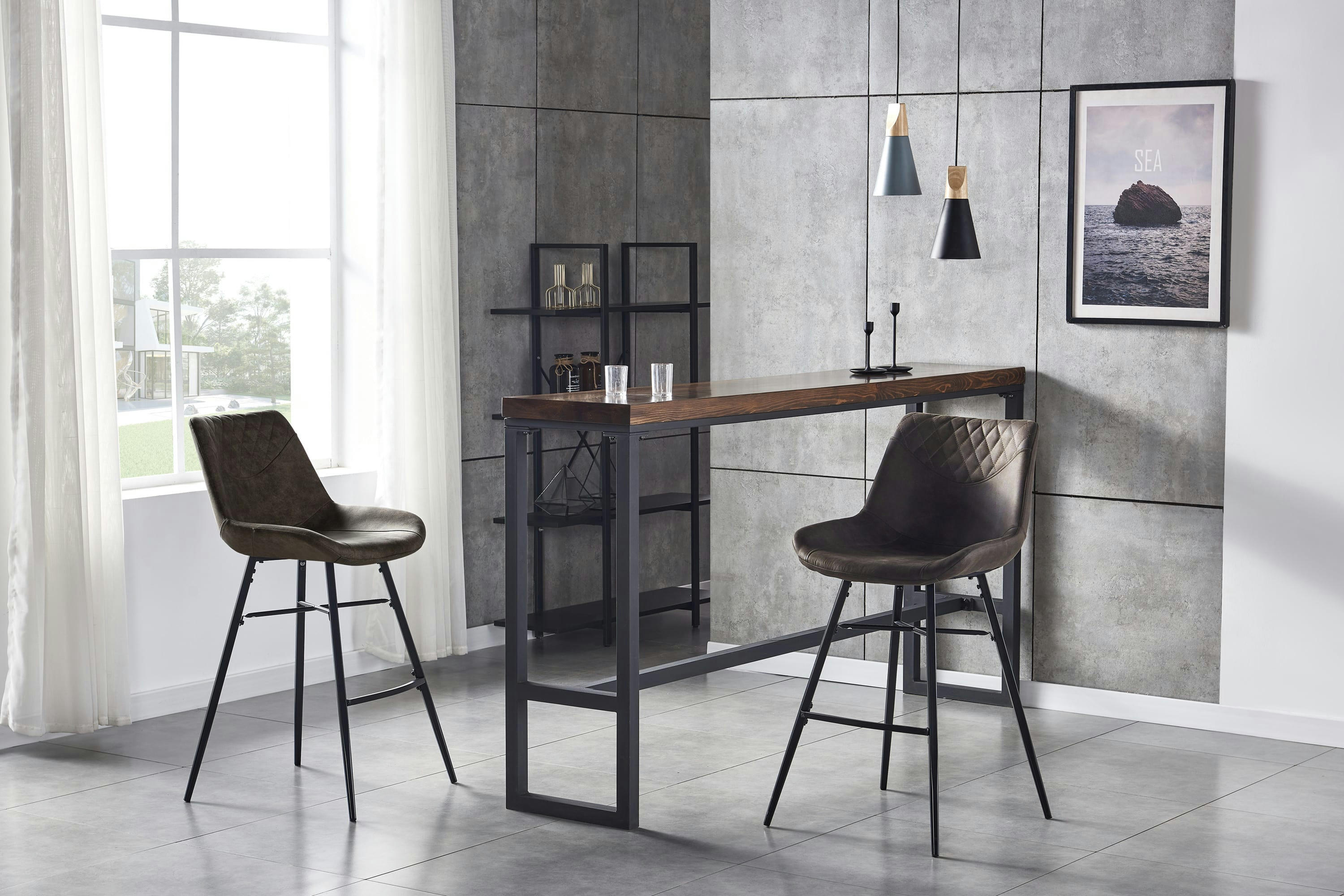 QUEENS - Chaises haute industrielle micro vintage marron foncé/métal noir (x4)