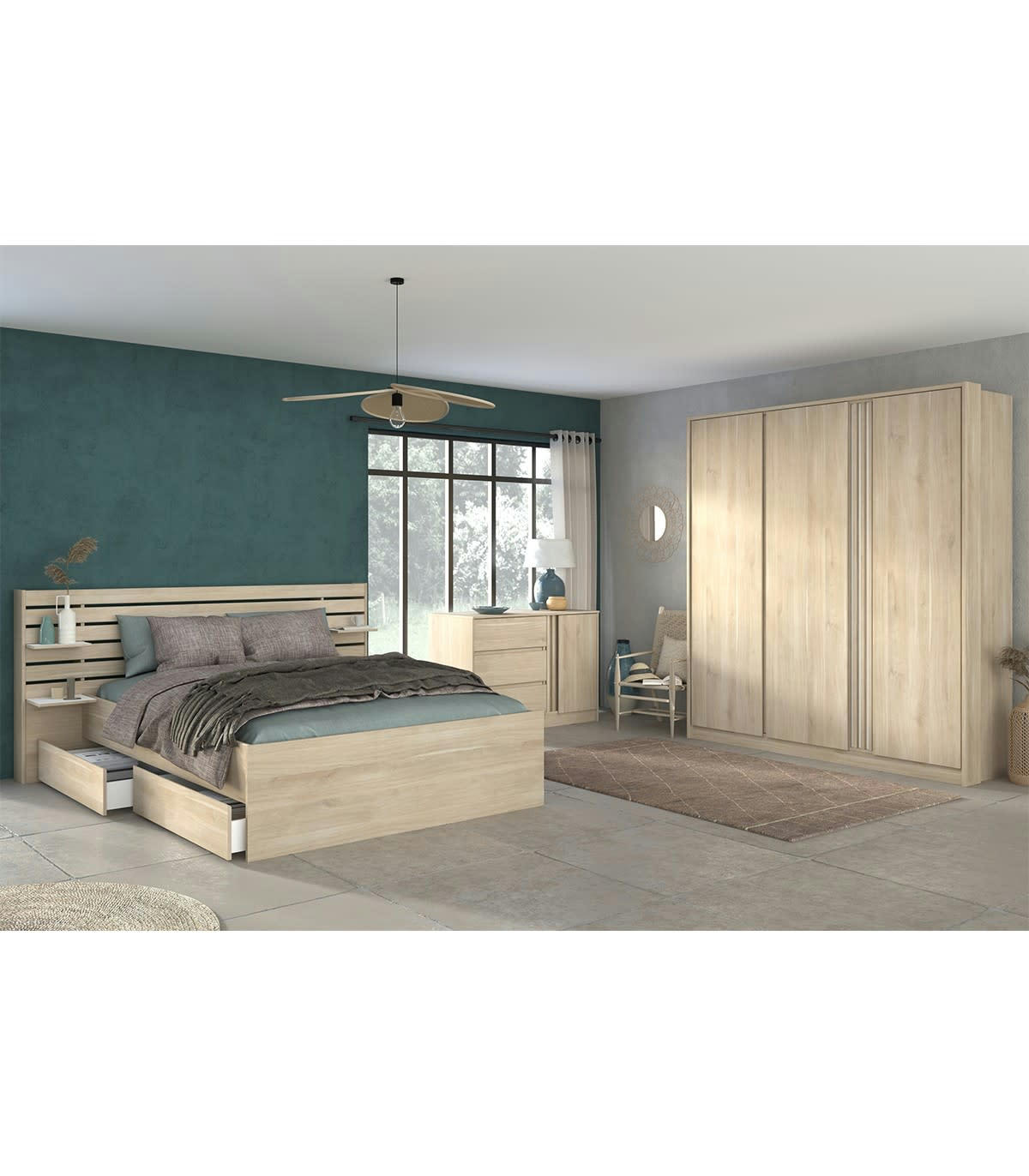 ESCALE - Lit couchage 140x190-200 cm 2 tiroirs effet bois