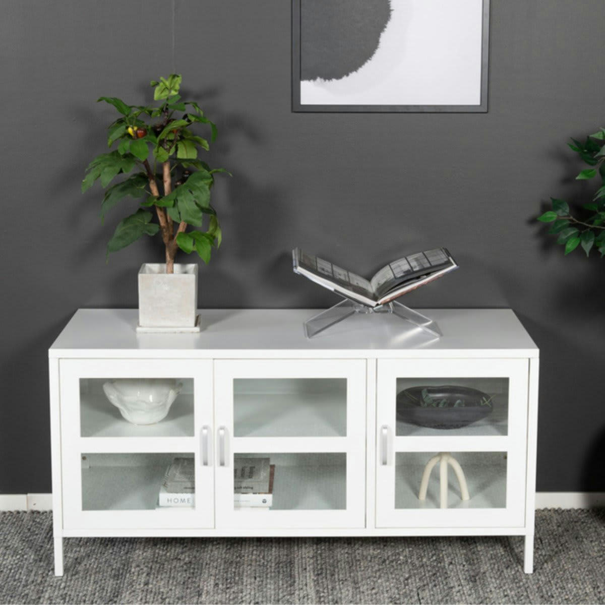 NATHAN - Meuble TV industriel en métal avec 3 portes vitrées blanc