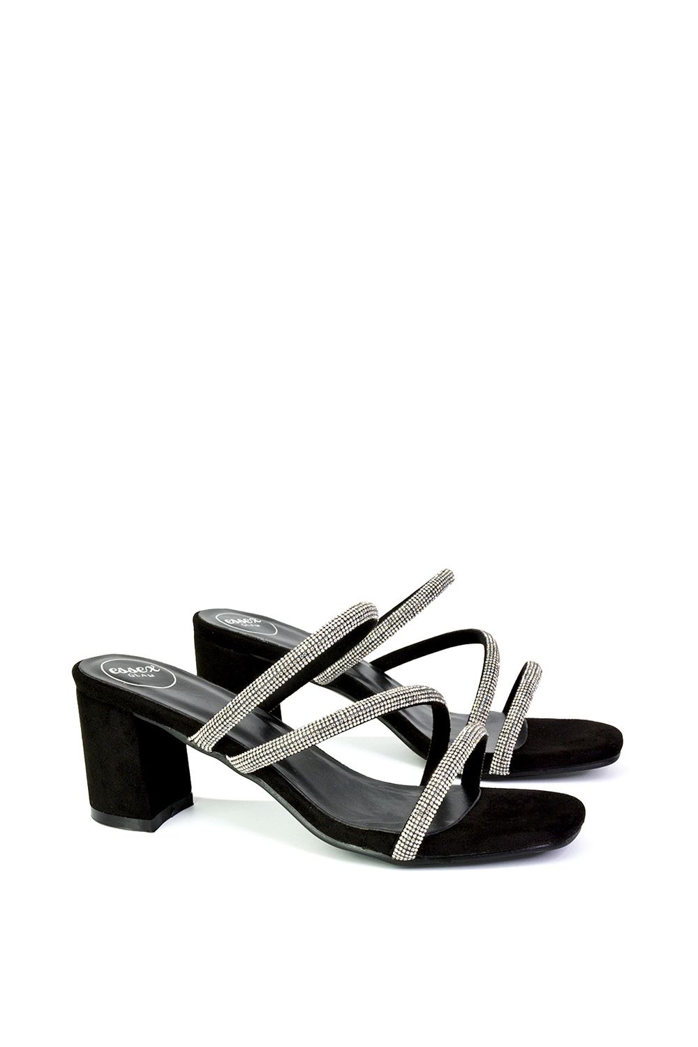 XY London Mckenna' Diamante Strappy Square Toe Block High Heel Mules