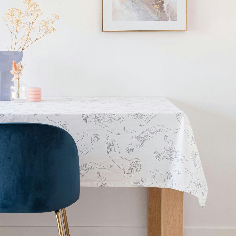 ALSOS - Nappe en coton biologique écru imprimé dieux et déesses grecs noirs 150x250