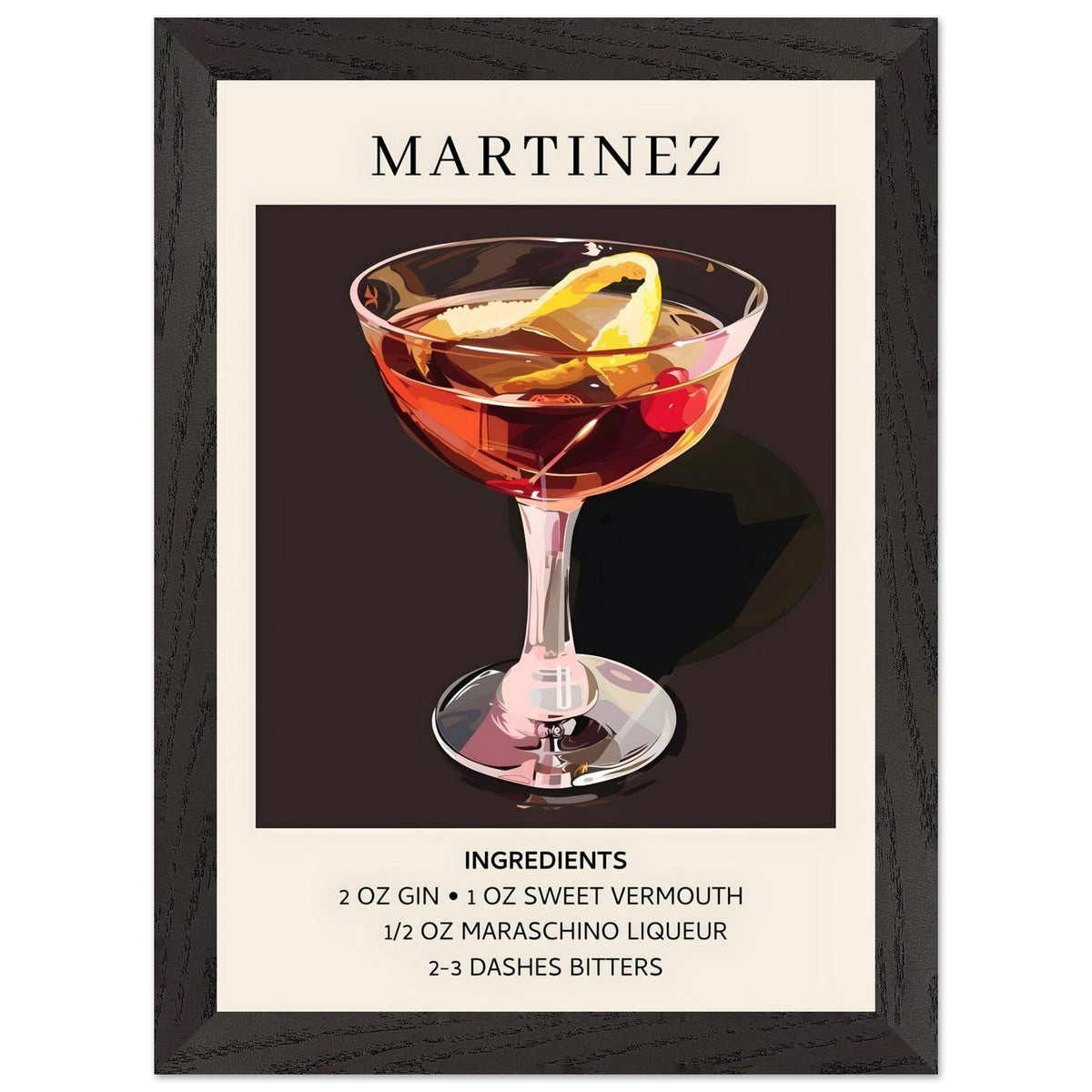 Artfulprints Poster met Lijst Martinez cocktail - Ingrediënten  - A4 21x29.7 cm - Zwart