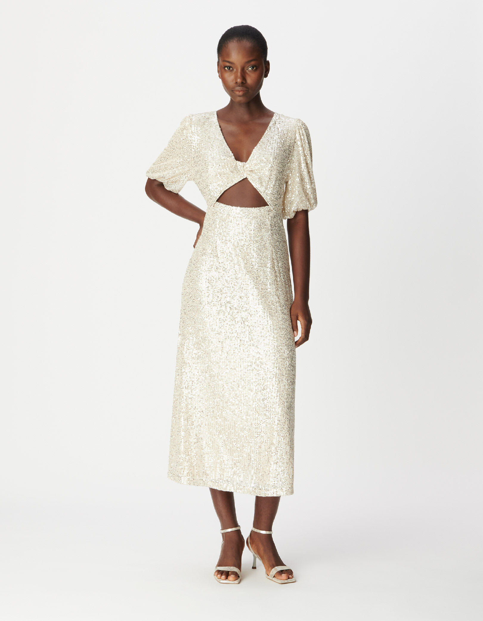 Robe dorée brodée sequins noeud devant Femme