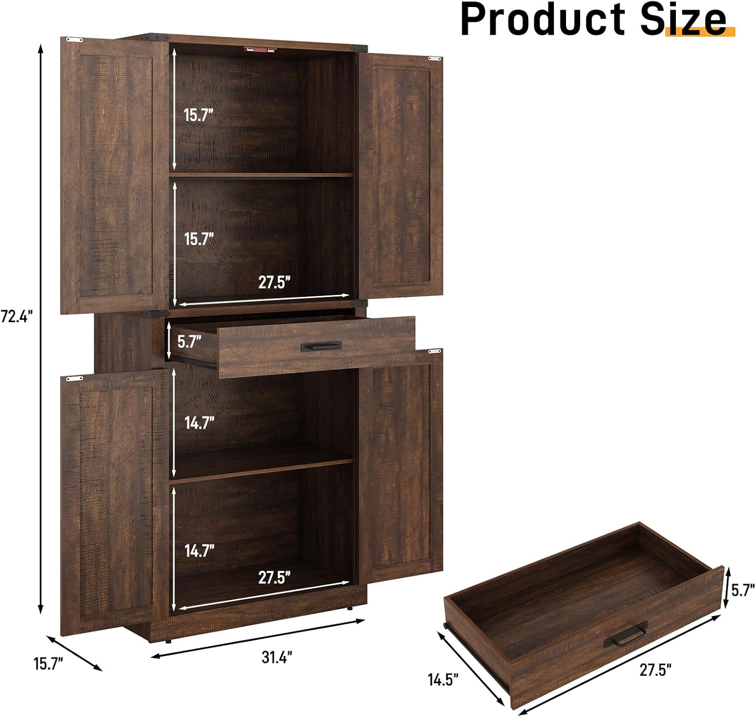 72 Tall Farmhouse Kitchen Pantry Cabinet with Drawer, Rustic Wood Cupboard Storage Cabinet w/Organizer and 4 Barn Doors, Storage Cabinet for Kitchen, Dining Room, Living Room, Brown