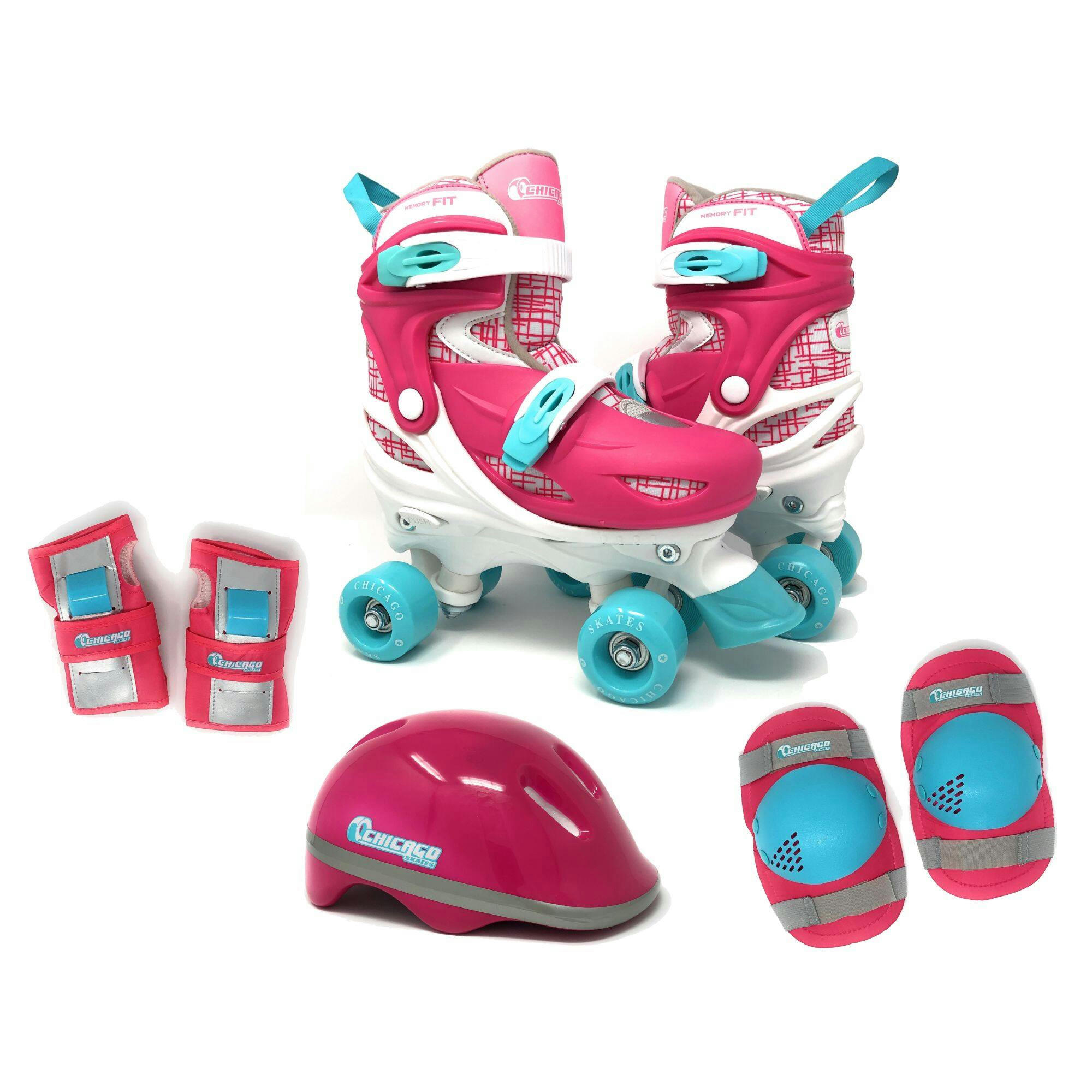 Chicago Skates Kids' Adjustable Quad Rollerblades Bundle, Pink