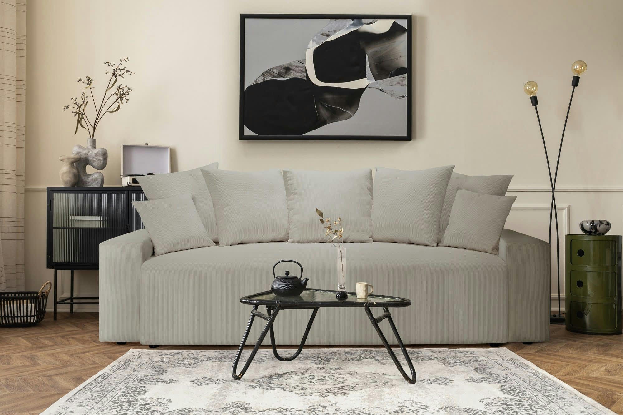 ARTHUR - Canapé droit convertible 3 places  en velours côtelé grège