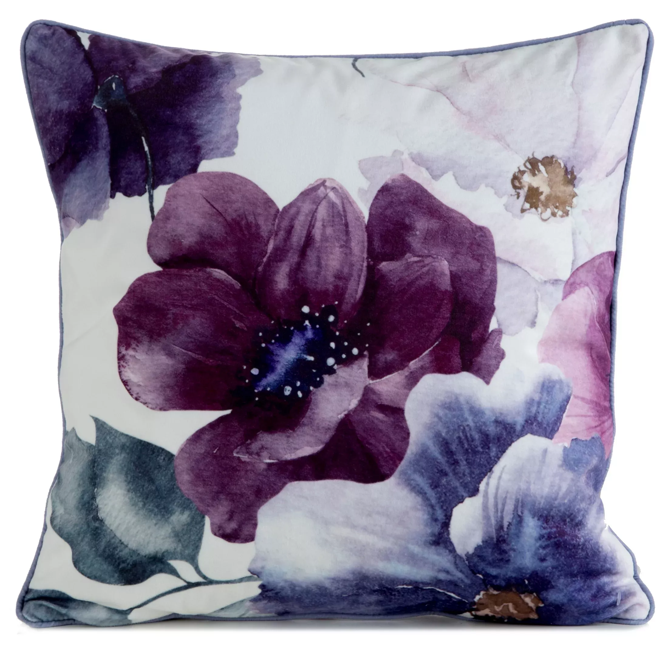 Poszewka na poduszkę 45x45 cm welwetowa, fioletowo kremowa, dwustronna z motywem kwiatów VELVET 124 Eurofirany Premium