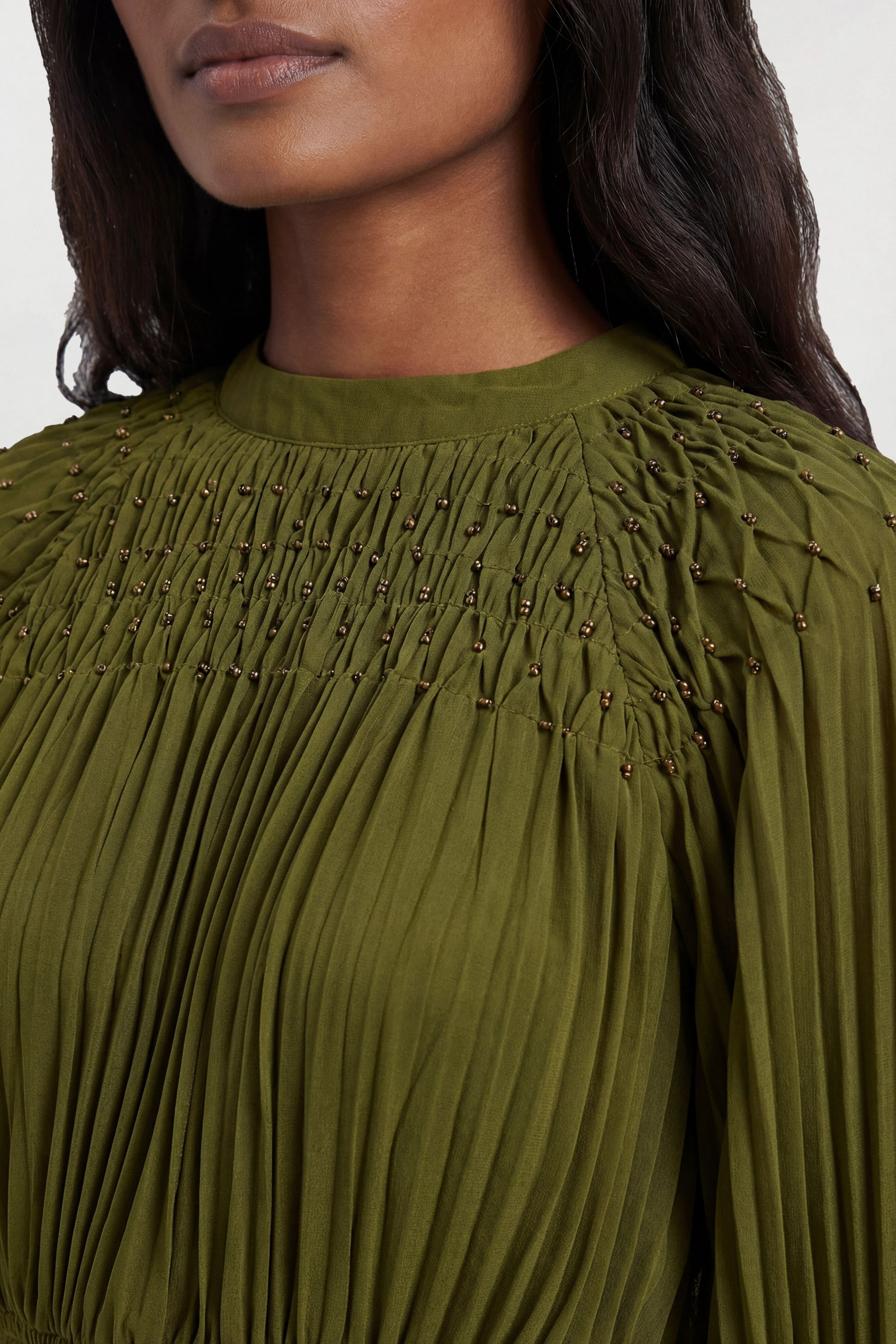 KarenMillen Placement Pleated Balloon Sleeve Blouse