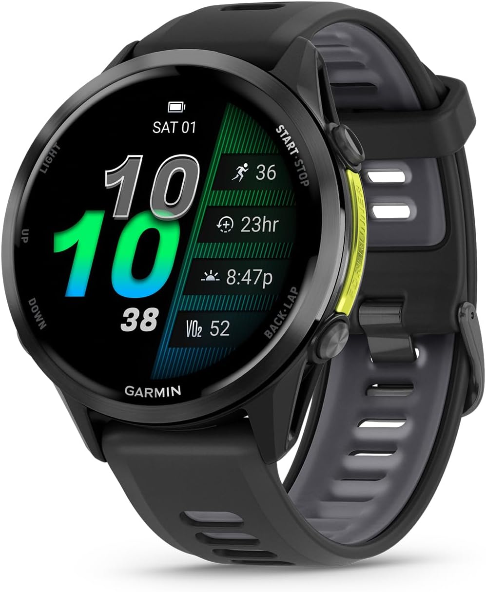 Garmin® Forerunner® 970  Premium GPS Running and Triathlon Smartwatch  AMOLED Display  Built-in LED Flashlight  Carbon Gray DLC Titanium with Black Case and Translucent Whitestone Band