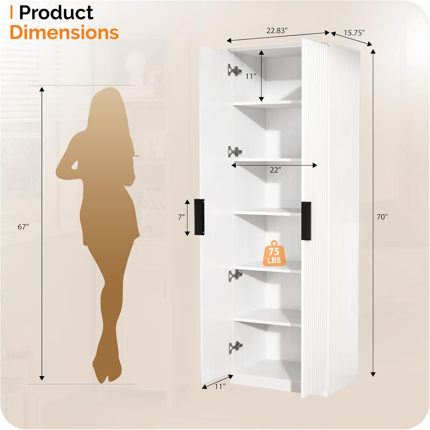 VINGLI 70 Modern Pantry Cabinet,Tall Storage Cabinet with Fluted Doors and Adjustable Shelves for Dining Room, Kitchen, Office, and More in White