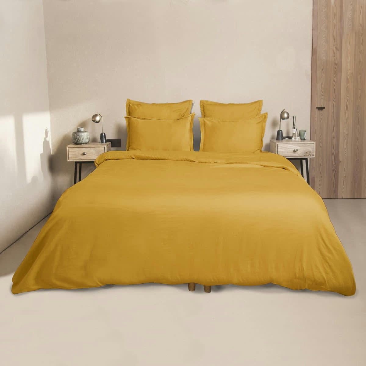 JULIA - Drap housse satin de coton  180x200x40 jaune moutarde