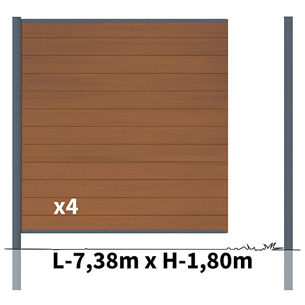 Kit Clôture Bois Composite Teck 7,5x1,8m CRUZ - Poteaux en Aluminium Gris - Brise Vue - Palissade