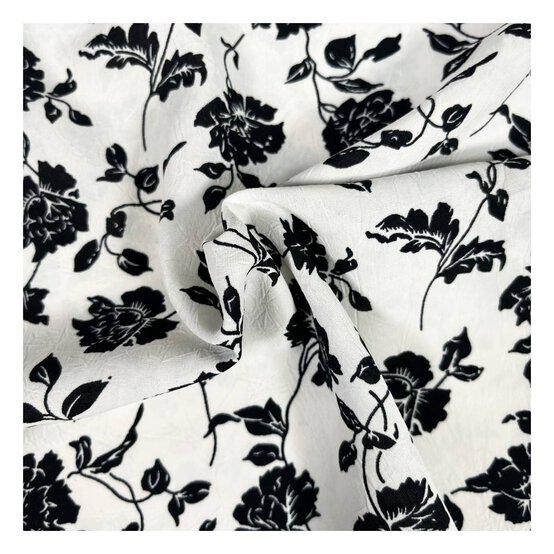 Black Floral on White Crinkle Print Fabric by the Metre