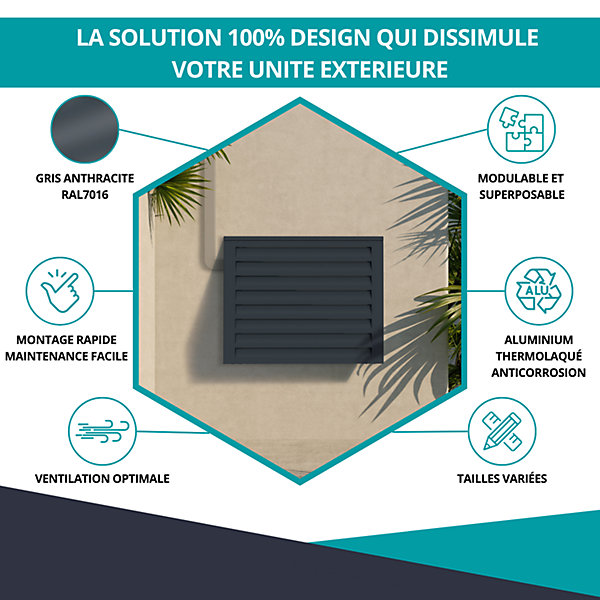 Cache climatiseur, ATOLE en Aluminium Thermolaqué - Taille 2 : H. 113 x L. 110 x P. 64 cm - Gris anthracite