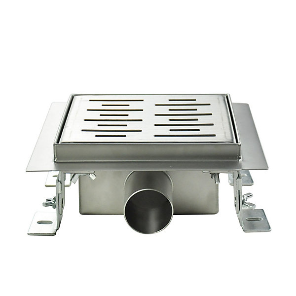 Caniveau de douche carré motif strié FIZEO 12 x 12 cm siphon anti-odeurs, drainage 36l/min, hauteur réglable SANIVERRE