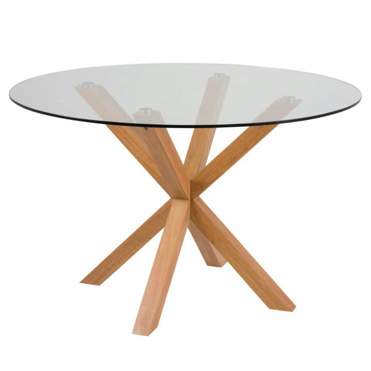 HAVAN - Table à manger ronde 119cm en verre pieds effet bois