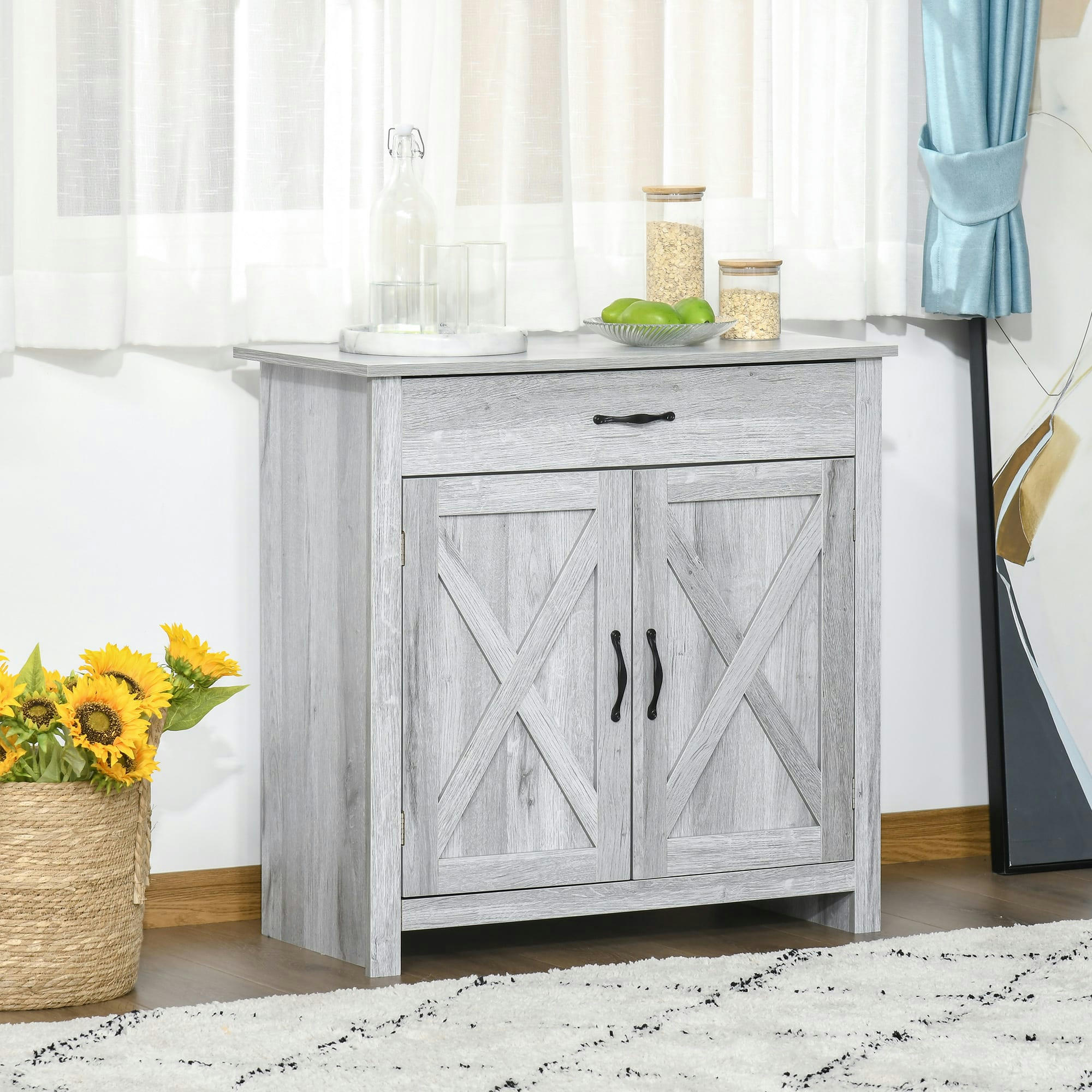 - Buffet 2 portes tiroir style rural chic aspect bois gris clair