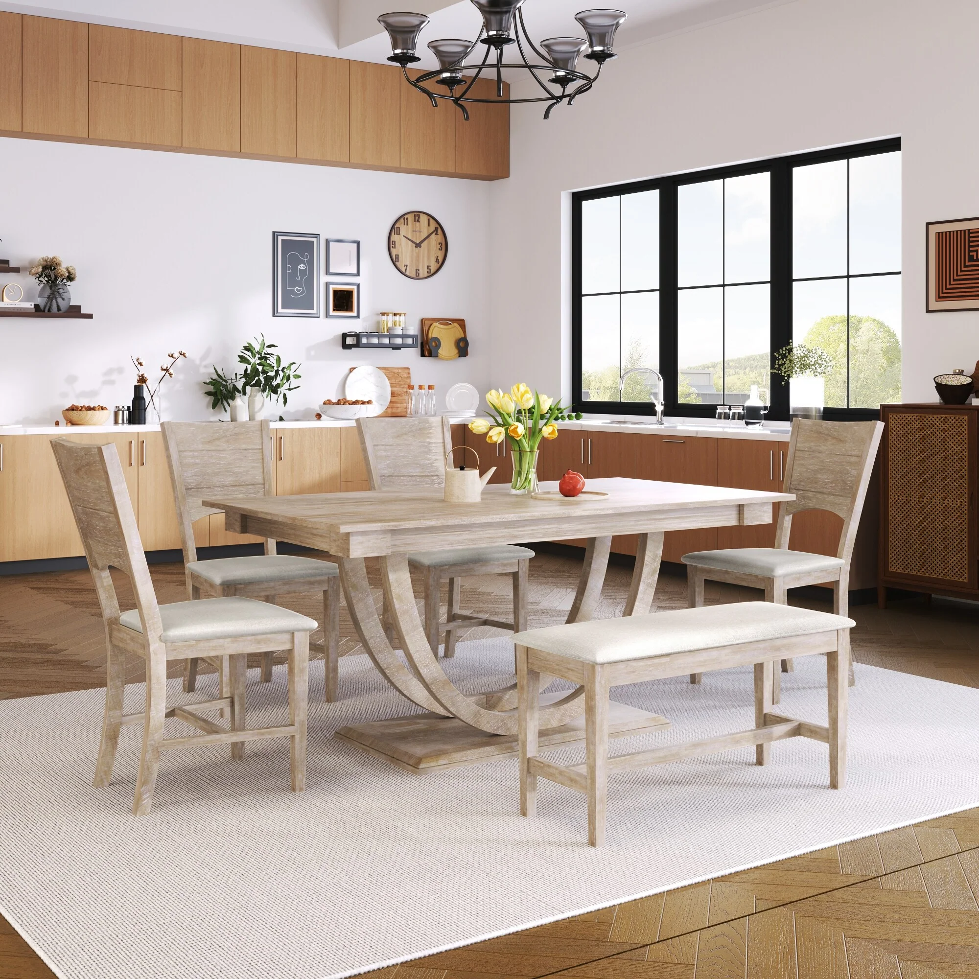 Natural Wood 6-Piece Wooden Dining Table Set with Rectangular Table & 4 Chairs