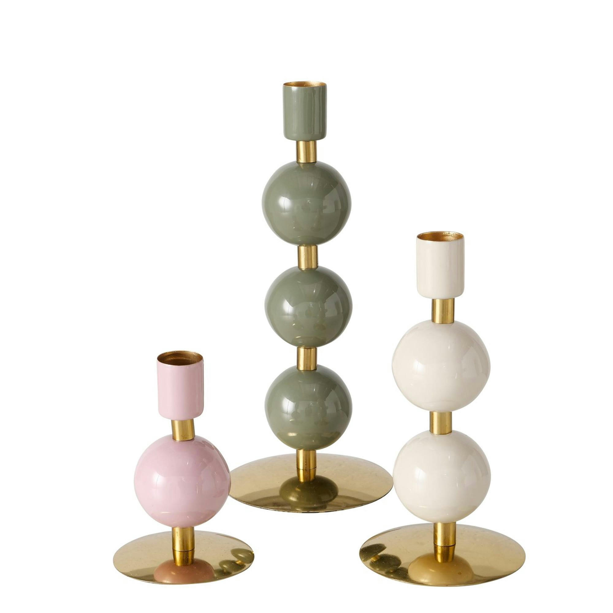 - Set de 3 bougeoirs design en fer émaillé vert, rose et blanc