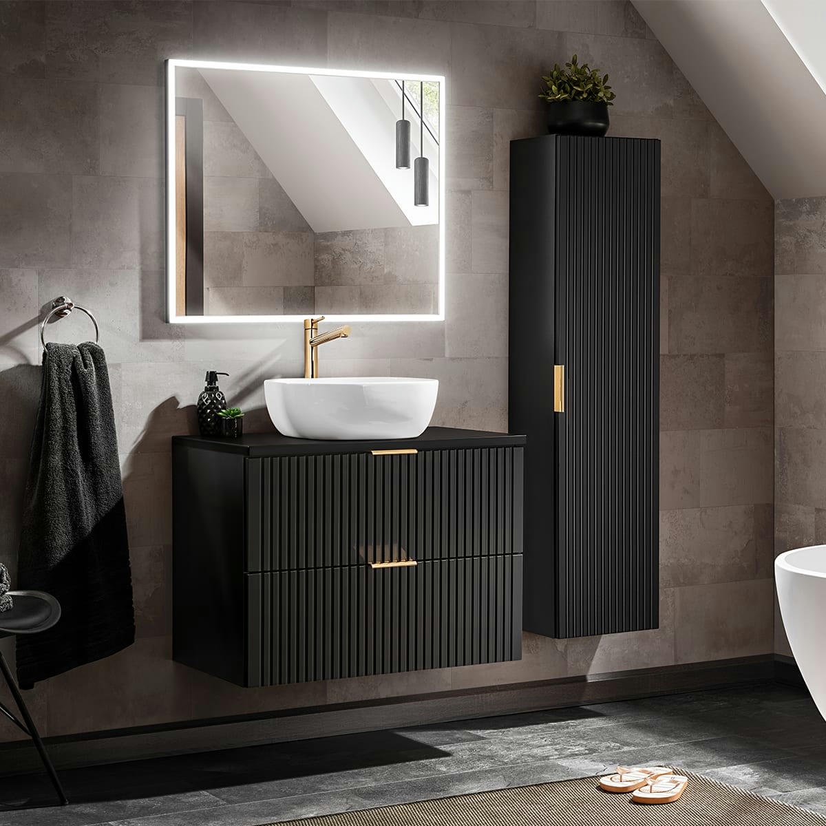 - Ensemble meuble simple vasque 80cm et colonne stratifiés noir mat