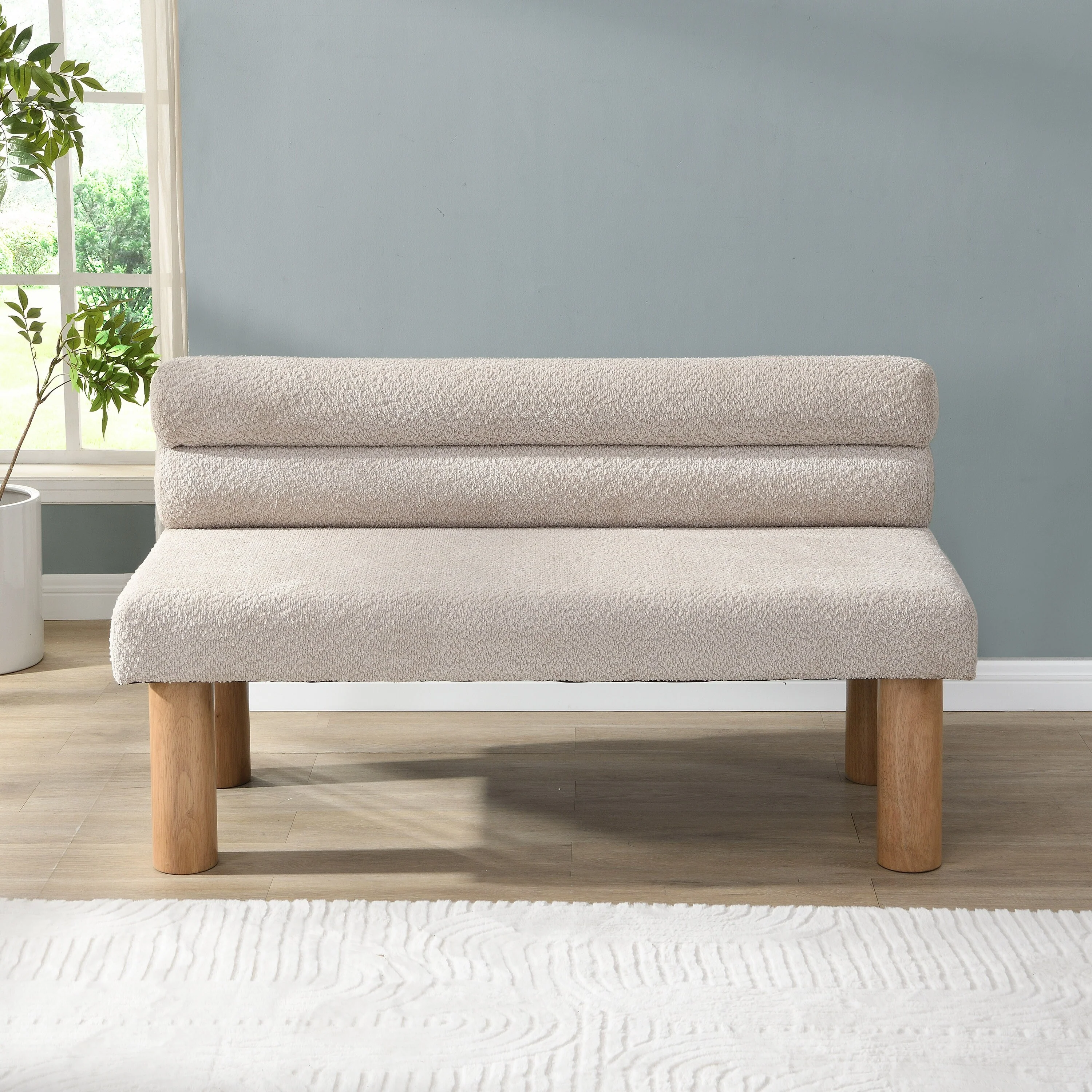 Roomfitters Upholstered Dining Bench, End of Bed and Entryway Seating, Boucle Ottoman with Rubber Wood Legs