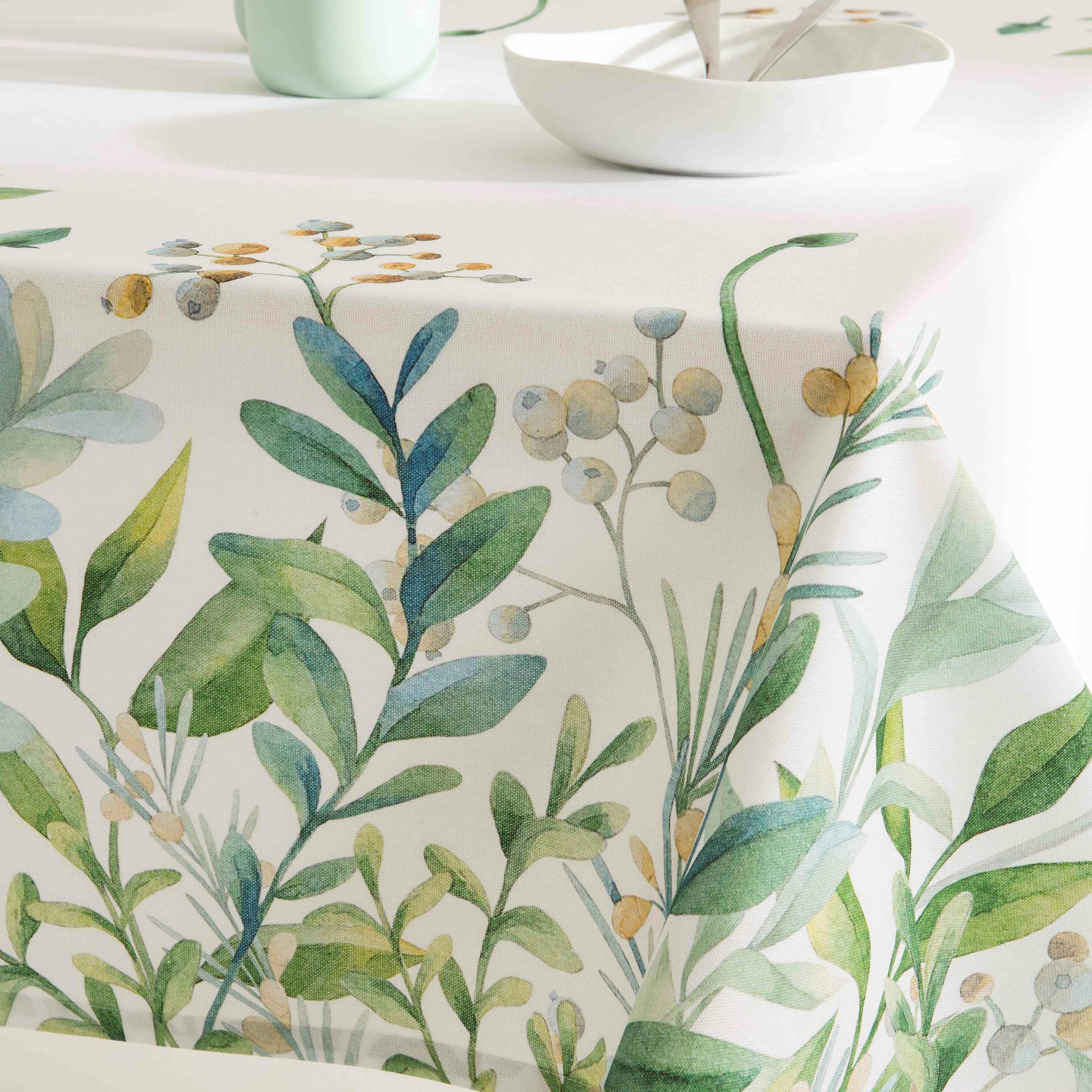 PALOMA - Nappe imprimée blanc avec traitement anti-taches en coton 140x140 cm