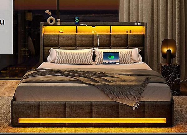 Lit 180x200 Sommier LED et 2 USB, Type-C, Lit Capitonné Lit Double avec 4 Tiroirs,Gris