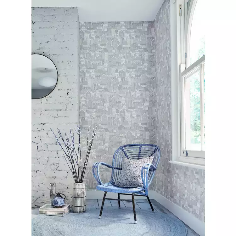 Scion Stockholm Overlaid Buildings Grey Wallpaper